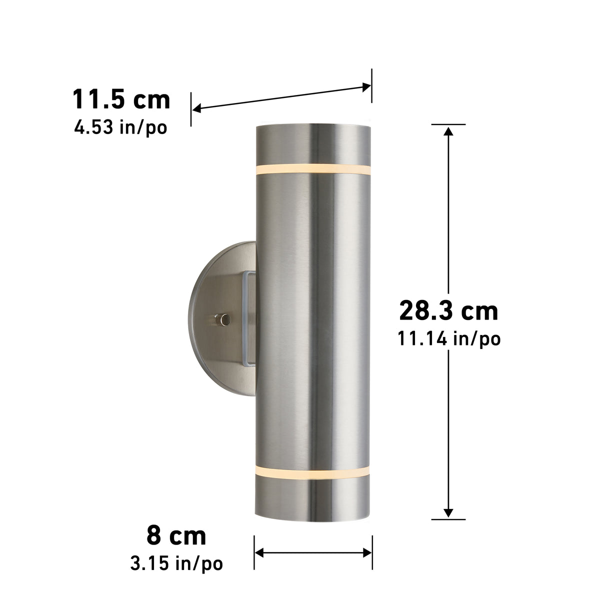 The Artika C7 indoor-outdoor wall light features a cylindrical brushed metal finish, measuring 28.3 cm (11.14 in) high, 8 cm (3.15 in) wide, with an 11.5 cm (4.53 in) wall mount diameter.