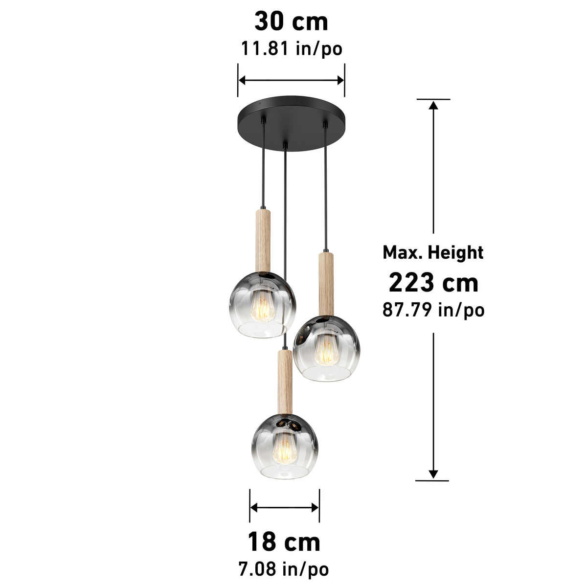 The Ardel Spiral 3-Light Pendant by Artika features wooden accents, glass globes, and a round black mount. Dimensions: 30 cm W x 18 cm D x max height 223 cm (inches also provided). Bulbs not included.