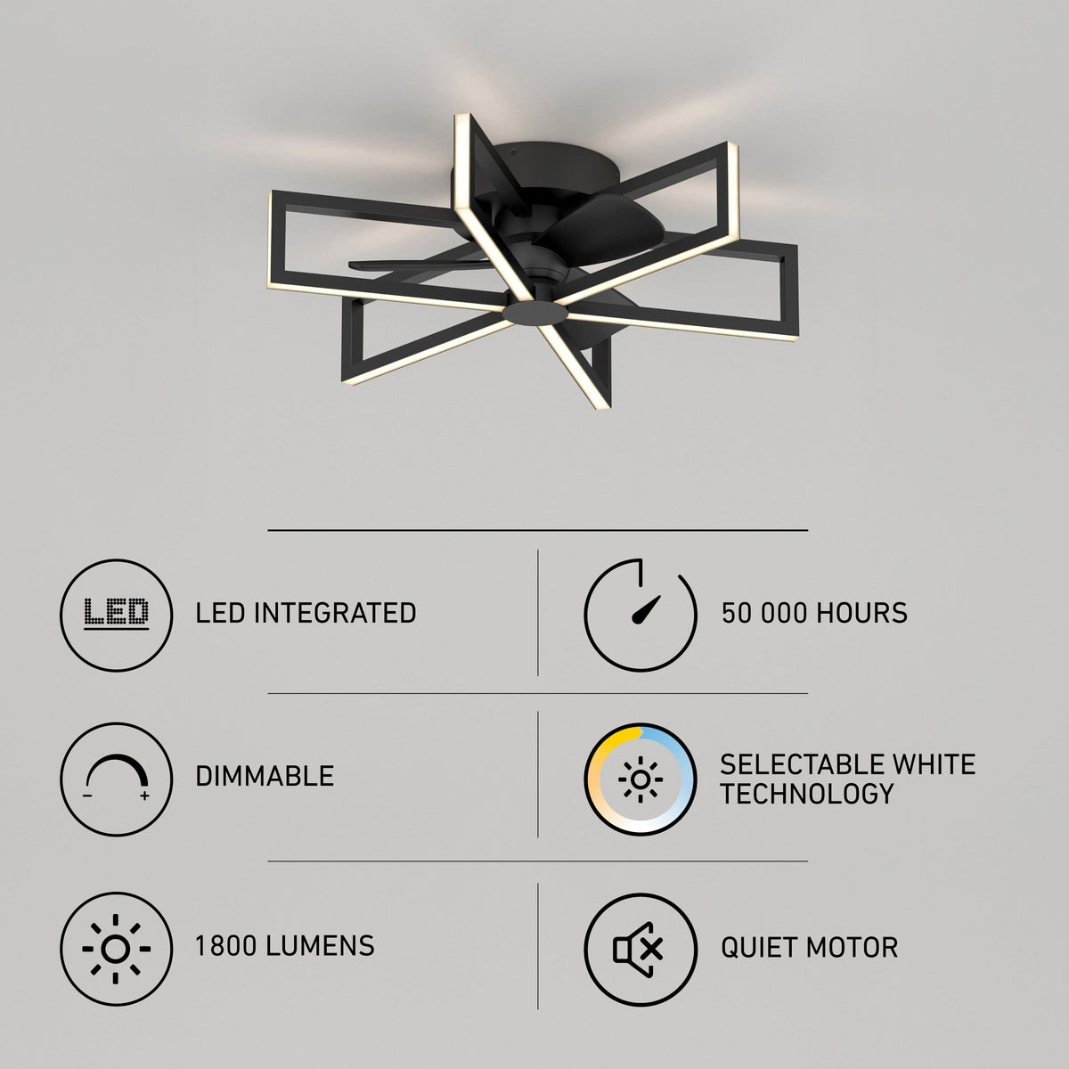 Artika Swirl 26 in. LED modern fandelier ceiling fan—matte black, dimmable, 1800 lumens, quiet motor, remote included.