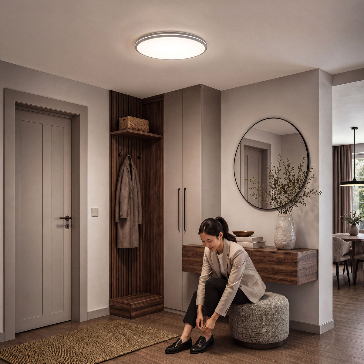 A woman puts on shoes under the Artika GLOW 30 in. LED Flush Mount Ceiling Light 5 CCT with Remote in a modern entryway.