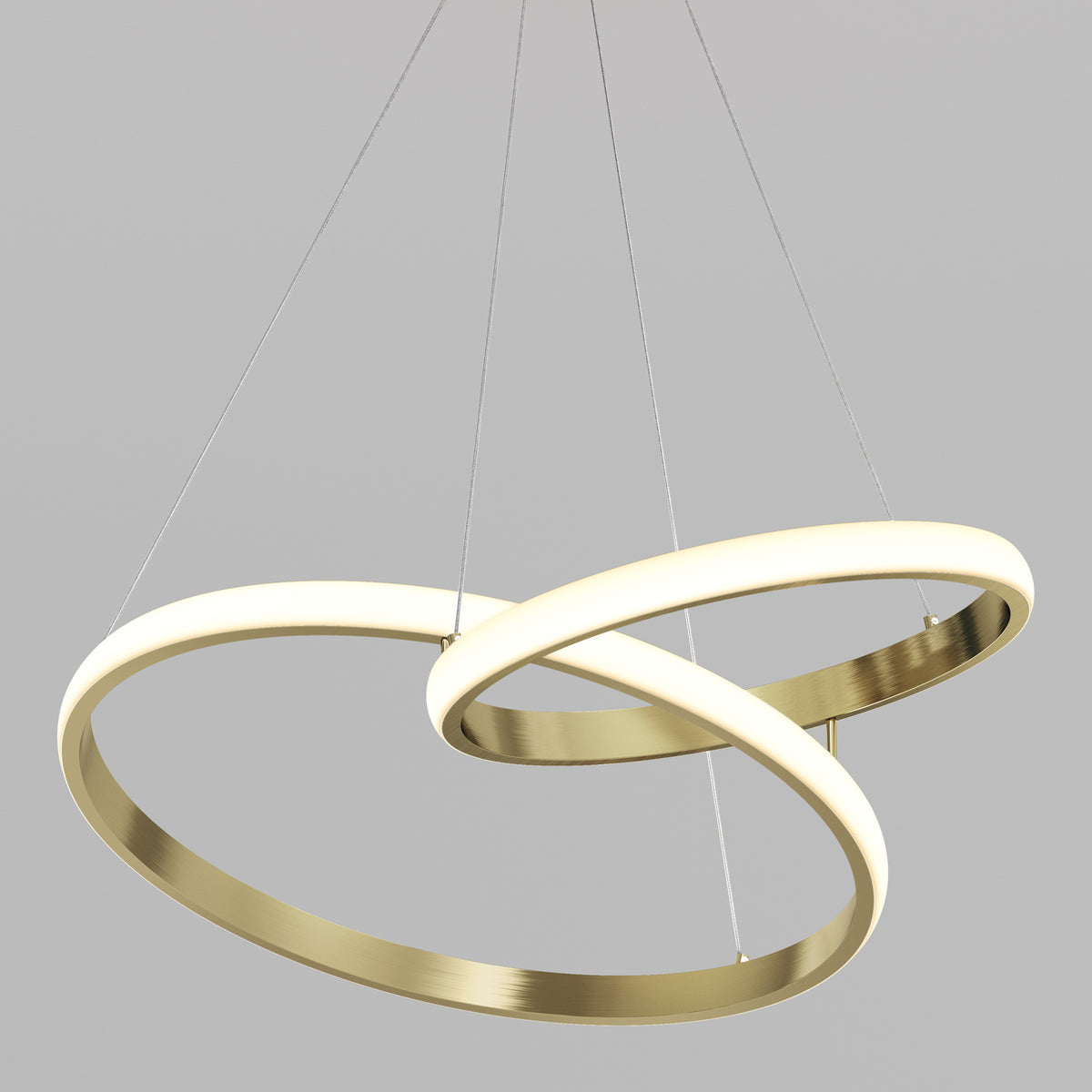 Two overlapping Mora 28″ LED Pendants by Artika, gold with white edges, hang by thin wires against a plain gray background.