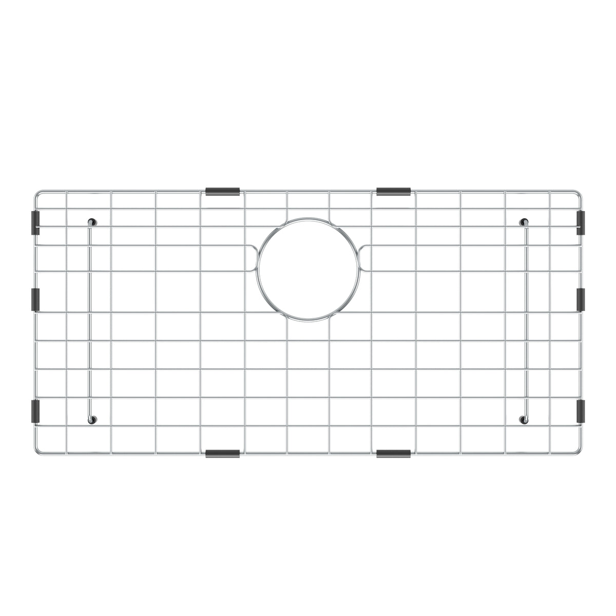 Artika Baycrest 33″ sink grid: rectangular, central round cutout, black edge feet. For Baycrest Single Bowl Kitchen Sink Black.