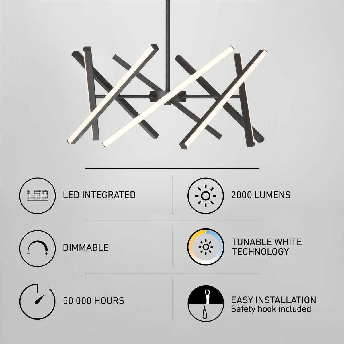 The Artika Malibu LED pendant light 3 CCT features black intersecting rods, integrated LEDs, 2000 lumens, dimmable tunable white (3 CCT), a 50,000-hour lifespan, and easy installation.