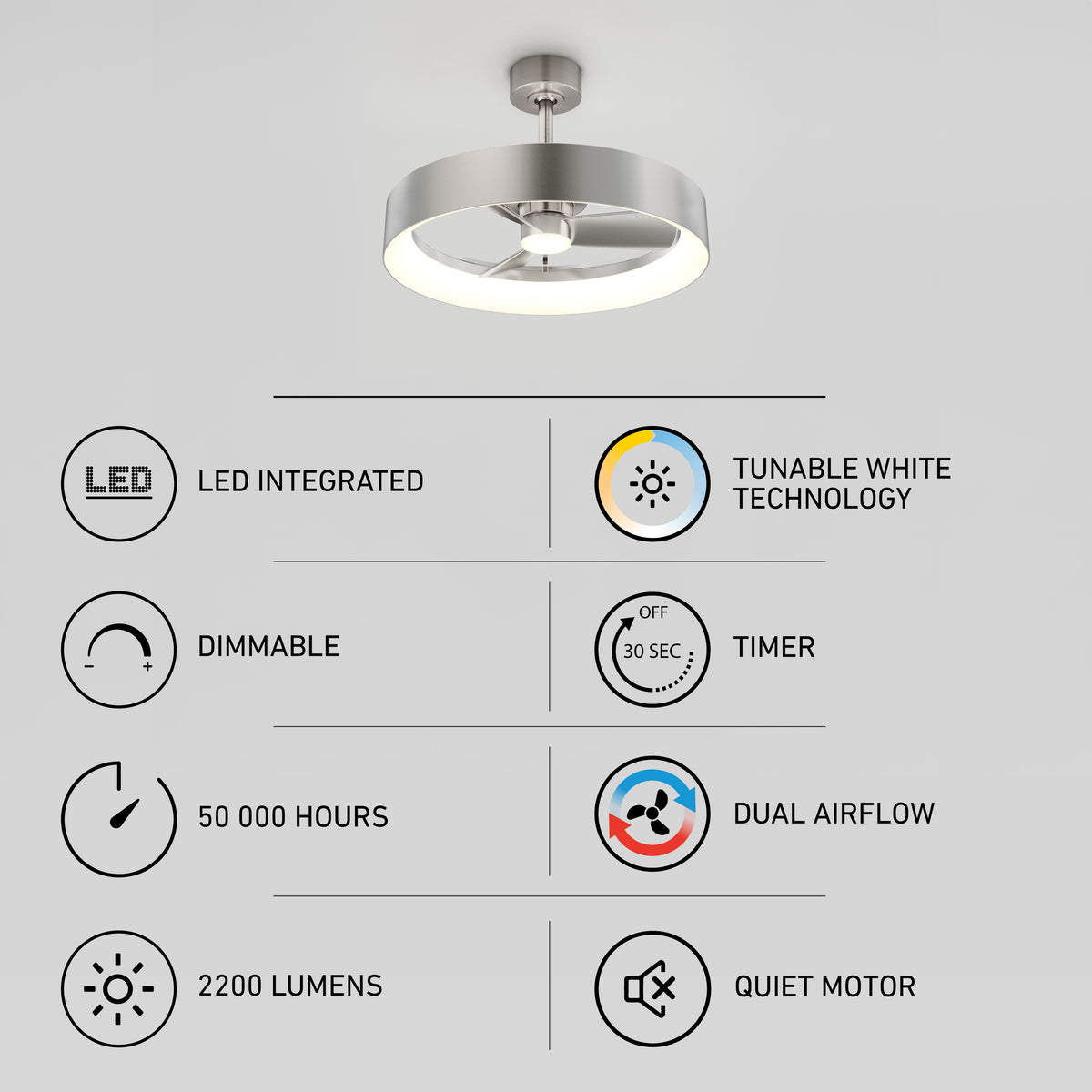 The Artika Austin 23 in. LED modern ceiling fan features a remote control, circular dimmable LED light with tunable white, silver finish, dual airflow, quiet motor, 2200 lumens, timer, and a 50,000-hour lifespan.