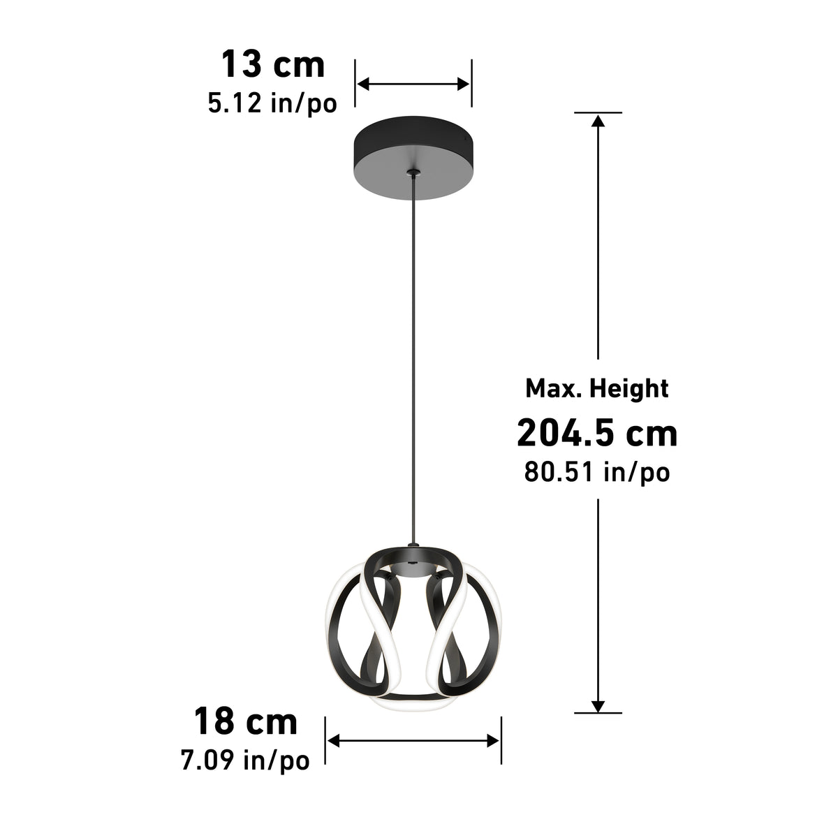 The Artika Vivaldi LED pendant light features a circular sculptural shade (18 cm/7.09 in diameter) and round ceiling mount (13 cm/5.12 in), with max hanging height of 204.5 cm (80.51 in). Adjustable 3 CCT lighting included.