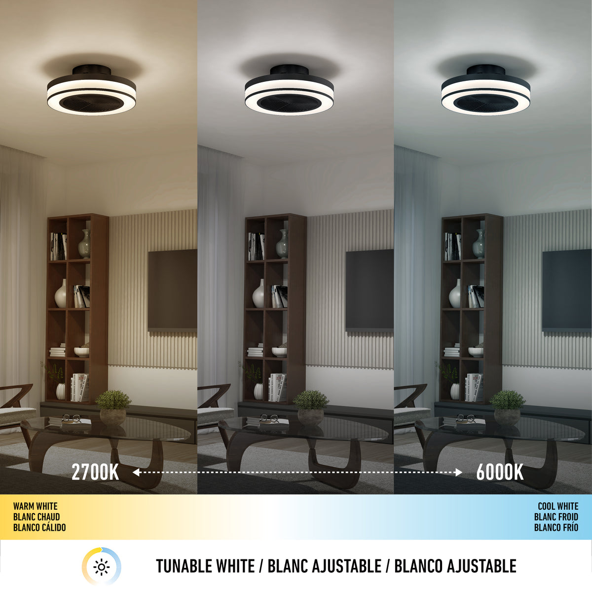 The Artika Elton 19.4 in. LED modern ceiling fan features 3 tunable color temperatures—warm white (2700K), neutral, and cool white (6000K)—and a visual slider below images shows the adjustable white range. Includes remote and offers 3 speeds.