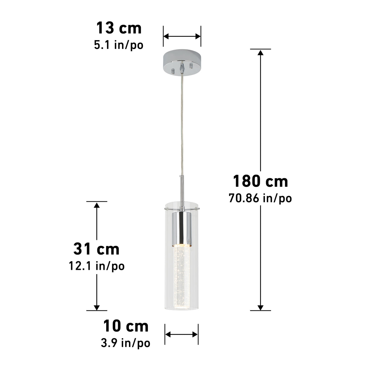The Artika Bubble Flow 1-light pendant 2 features a cylindrical glass shade with a canopy diameter of 13 cm (5.1 in), shade height of 31 cm (12.2 in), shade diameter of 10 cm (3.9 in), and max height of 180 cm (70.86 in).