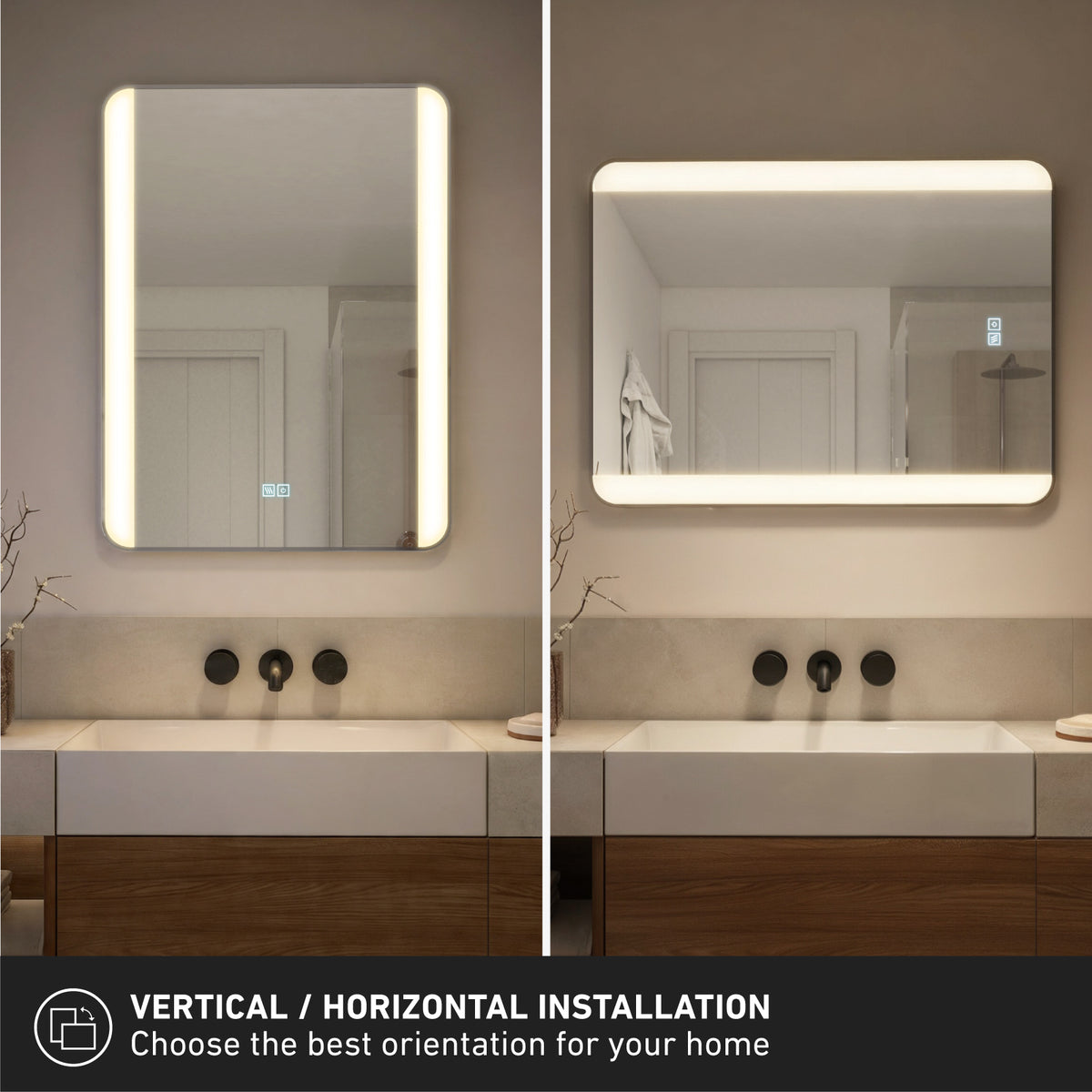Split image showing the Artika Onyx dimmable LED mirror 3 CCT above a sink, installed vertically on the left and horizontally on the right, with text indicating both installation options and features like dimming and anti-fog.