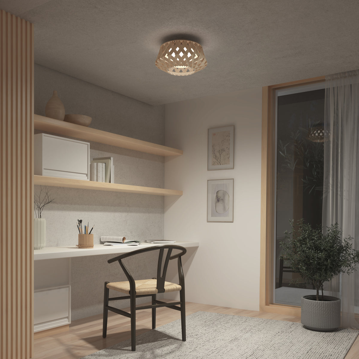 A modern home office with a minimalist desk, black chair, open shelves, framed art, large curtained window, potted plant, and the Artika Kiran 13 in. modern LED flush mount light (5 CCT) illuminating the space.