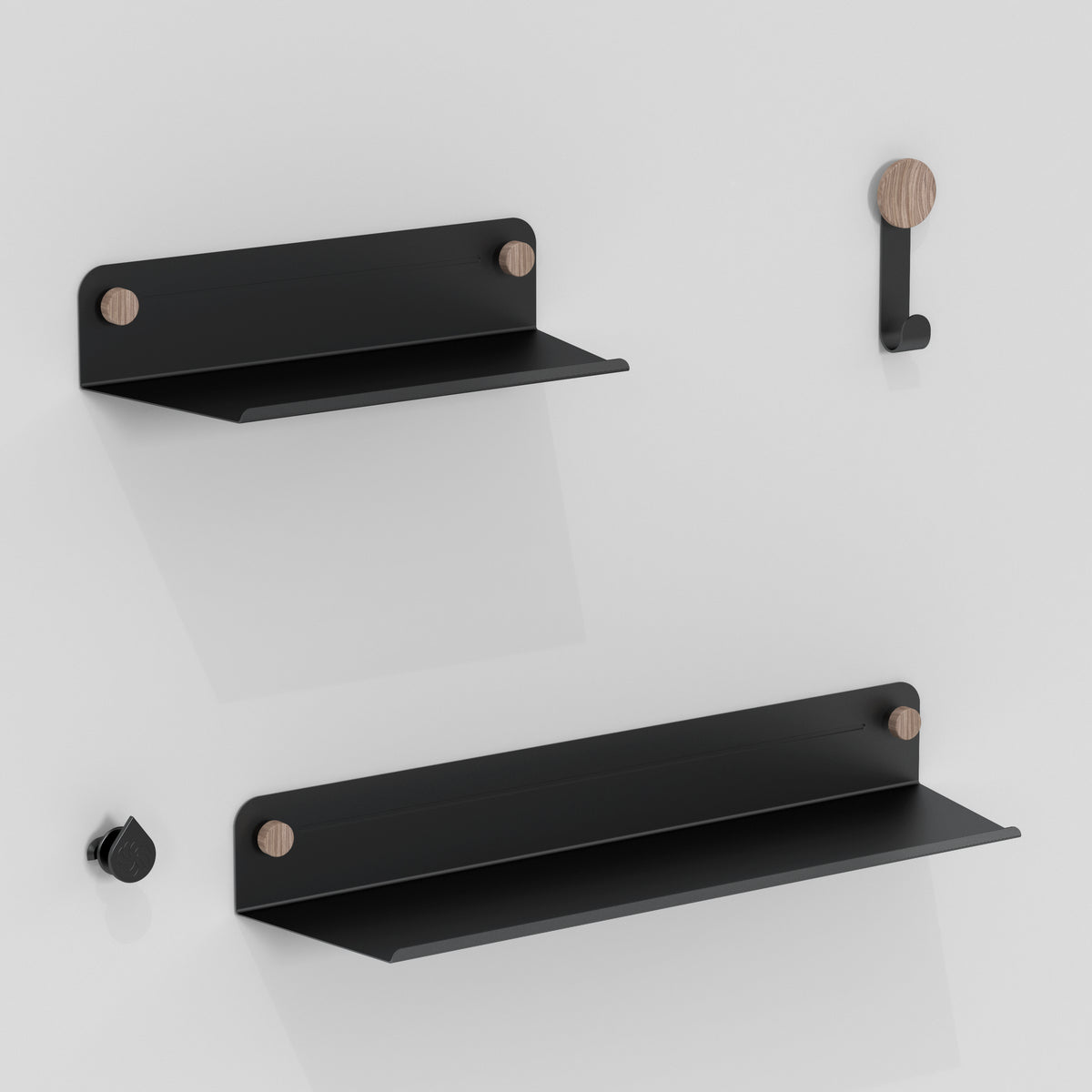 The Artika Sonokit set includes two minimalist black metal shelves and two hooks with wooden accents for Sonolok and Sonofold wall panels, offering quick installation and sleek design ideal for any modern space.