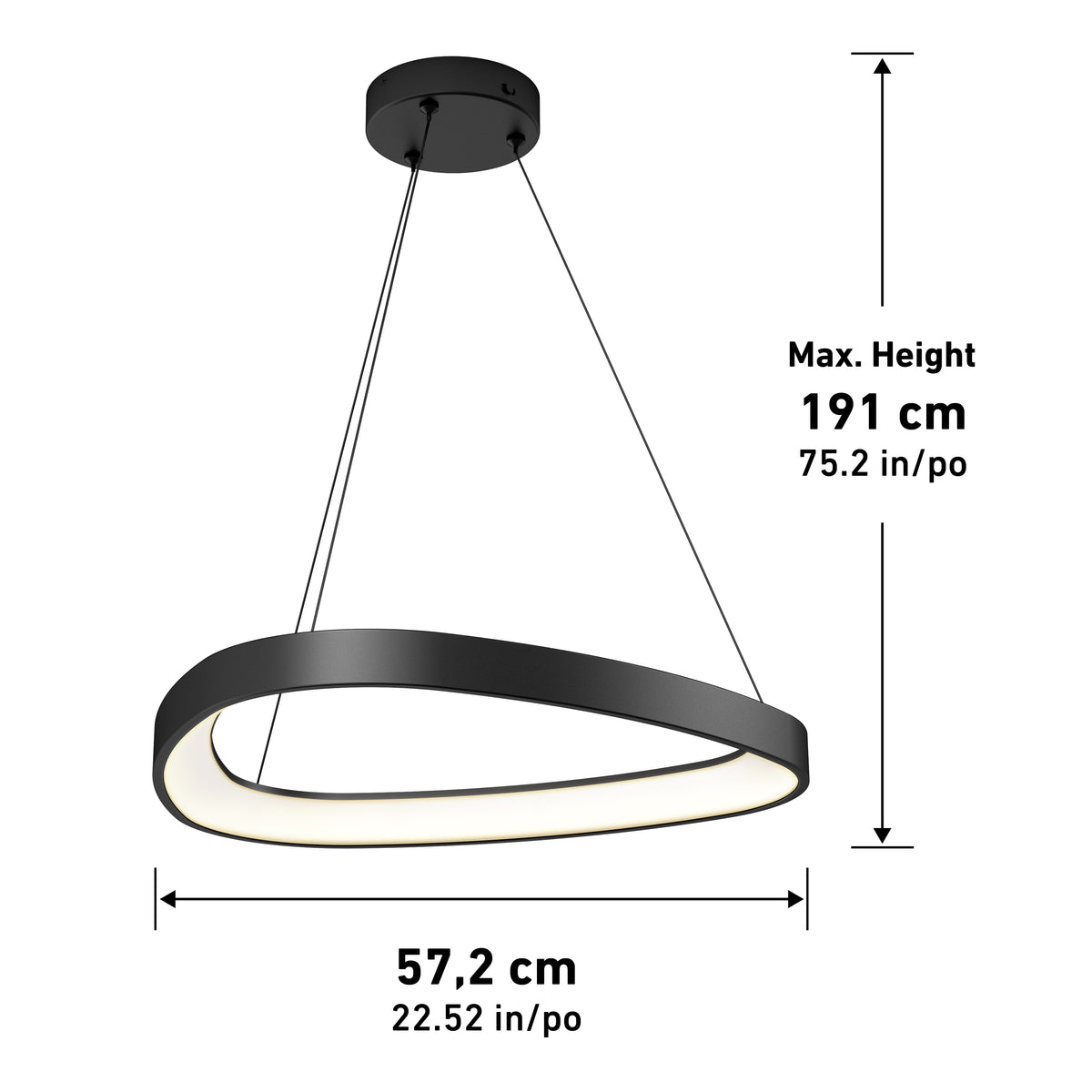 The Artika Bjorn modern LED pendant light 5 CCT features a black asymmetrical oval ring, suspended by three cables, with a max height of 191 cm (75.2 in) and a width of 57.2 cm (22.52 in).