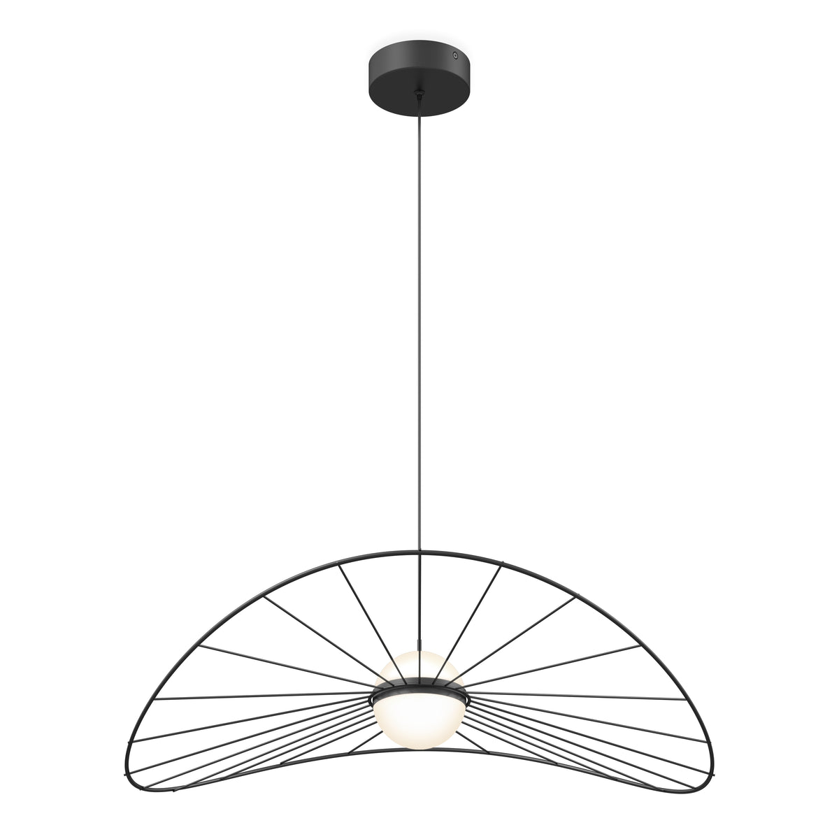 The Tolena LED pendant light 3 CCT by Artika features a half-circle, fan-like black metal frame with radiating spokes and a central round white bulb, all suspended from the ceiling by a thin cord.