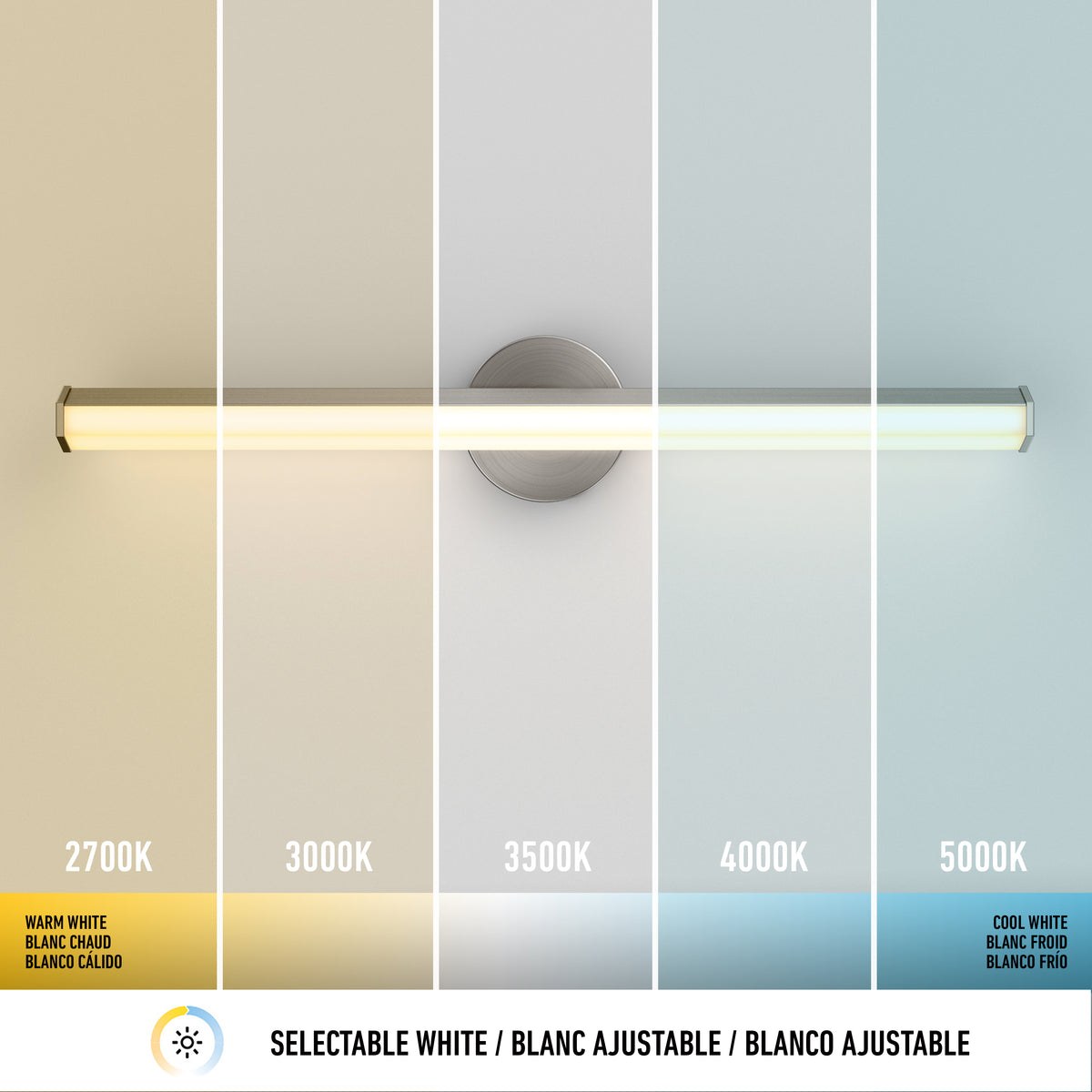 The Artika Ewen modern LED bathroom vanity light 5 CCT displays five adjustable color temps for versatile mirror lighting.