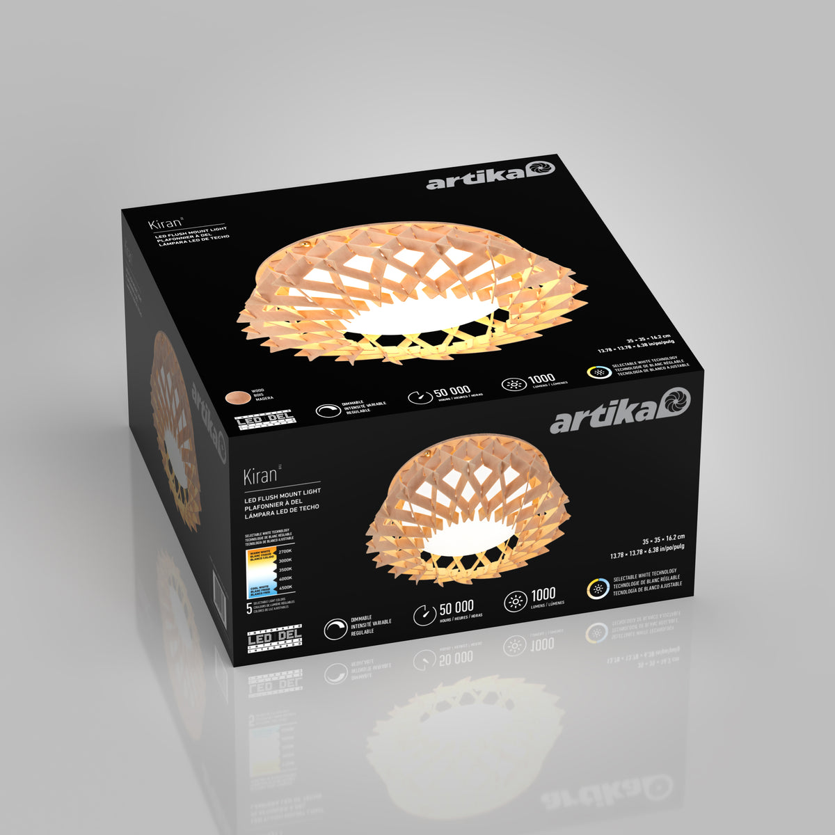 A black Artika box displays the Kiran 13 in. modern LED flush mount light 5 CCT with a wooden lattice design, featuring specs and a warm-lit product image on the front and top of the packaging.