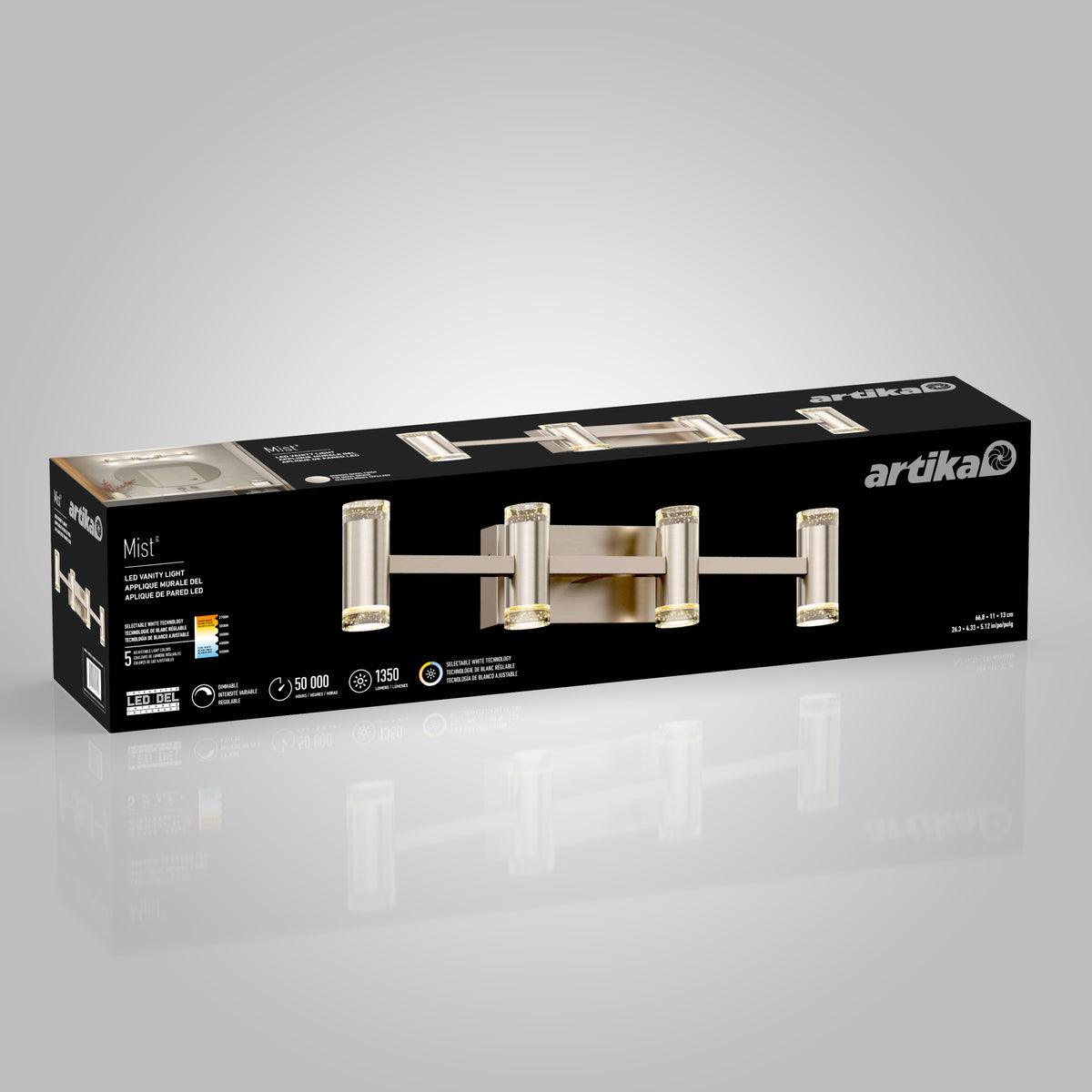 A rectangular black box for the Artika Mist modern LED bathroom vanity light 5 CCT, showing a four-light fixture with glass shades, adjustable color temperature, and product specs and logos on the packaging.