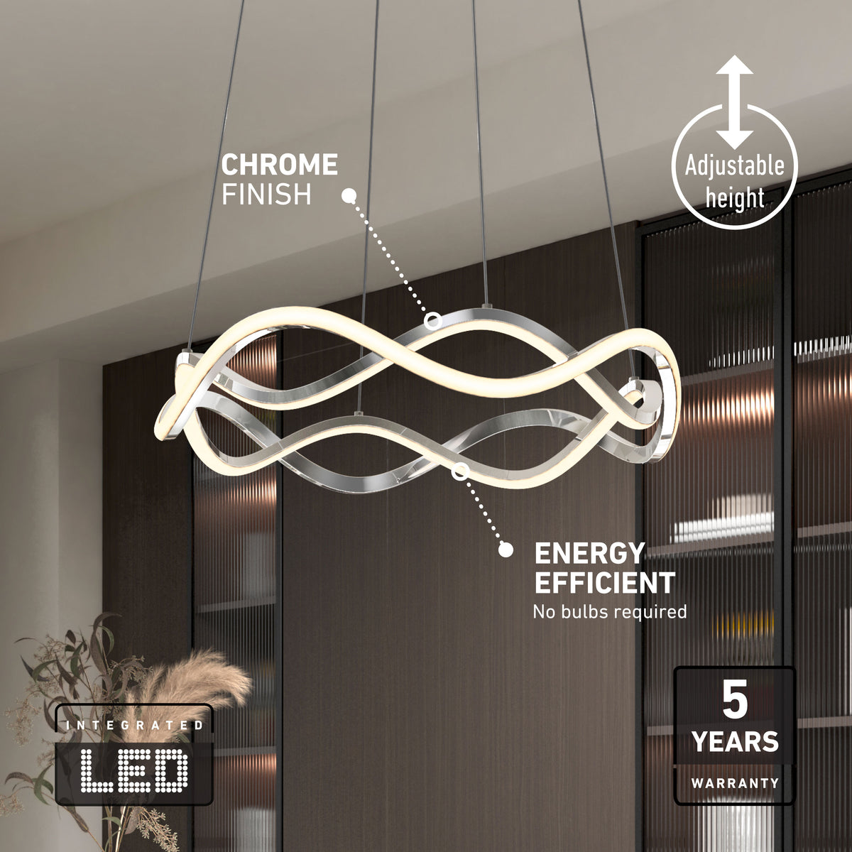 Artika Vanora LED pendant light with 5 CCT, chrome finish, and adjustable height—sleek modern lighting for any room.
