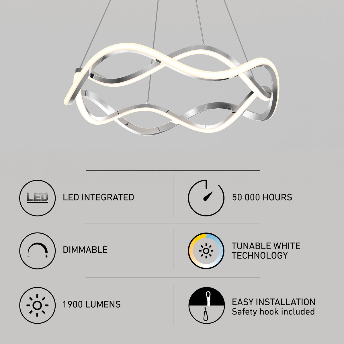 The Artika Vanora LED pendant light 5 CCT features a wave design, integrated LED with 50,000-hour lifespan, dimmable and tunable white tech, 1900 lumens output, and easy installation with an included safety hook.