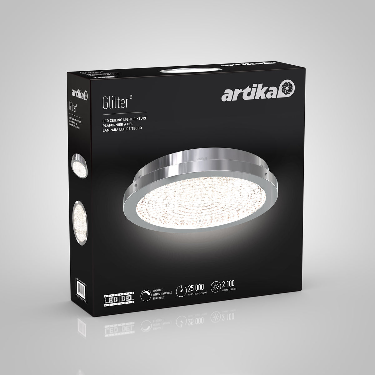 Black box packaging for the Artika Glitter LED flush mount, featuring a round, silver-edged ceiling light on the front.