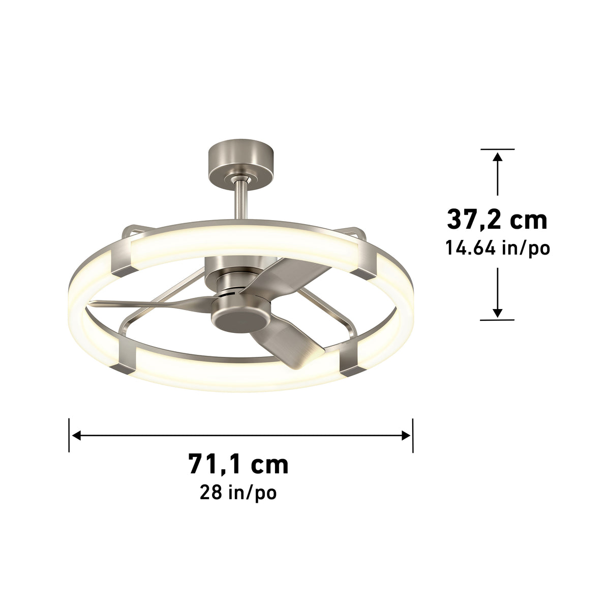 Artika Sunnyvale 28 in. (71 cm) LED fandelier ceiling fan with light, shown with labeled measurement arrows for easy reference.