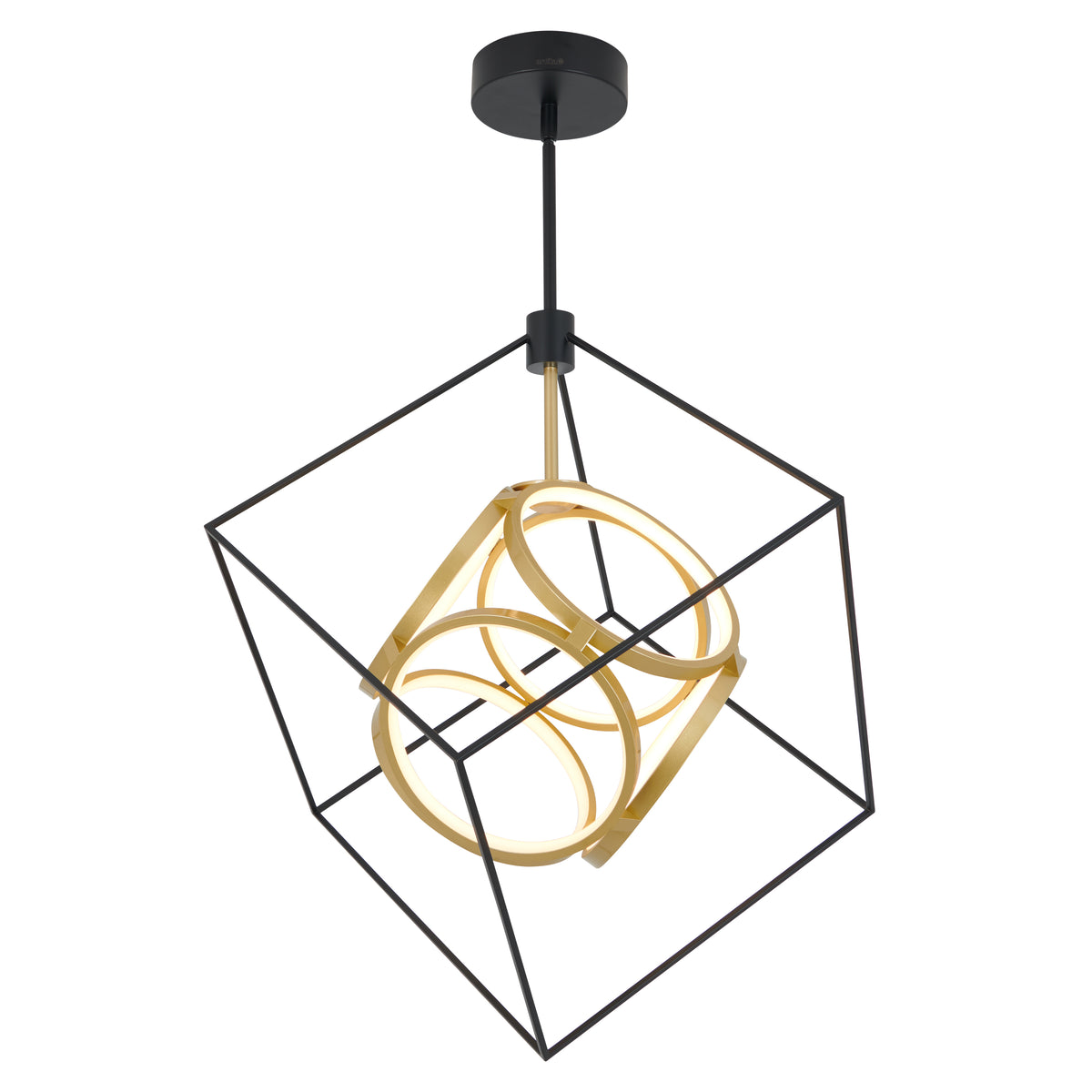 The Artika Luxury LED pendant light features a black metal wireframe cube with concentric gold rings inside, offering a geometric and contemporary design.