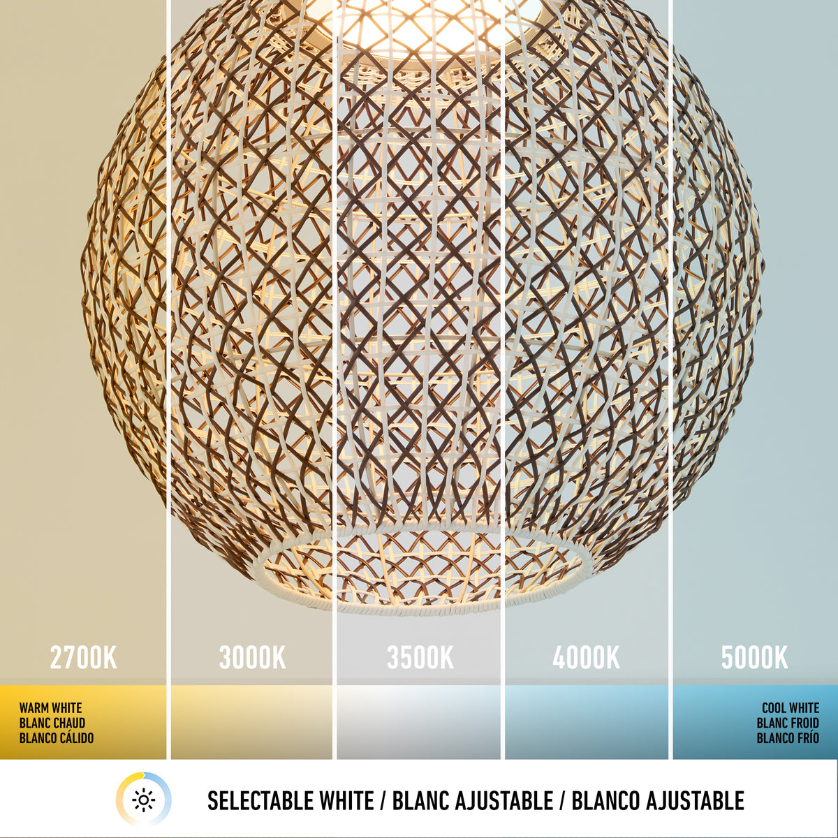 The Artika Benson LED pendant light 5 CCT is displayed under five color temperatures, from warm white (2700K) to cool white (5000K), showcasing its selectable white lighting options.
