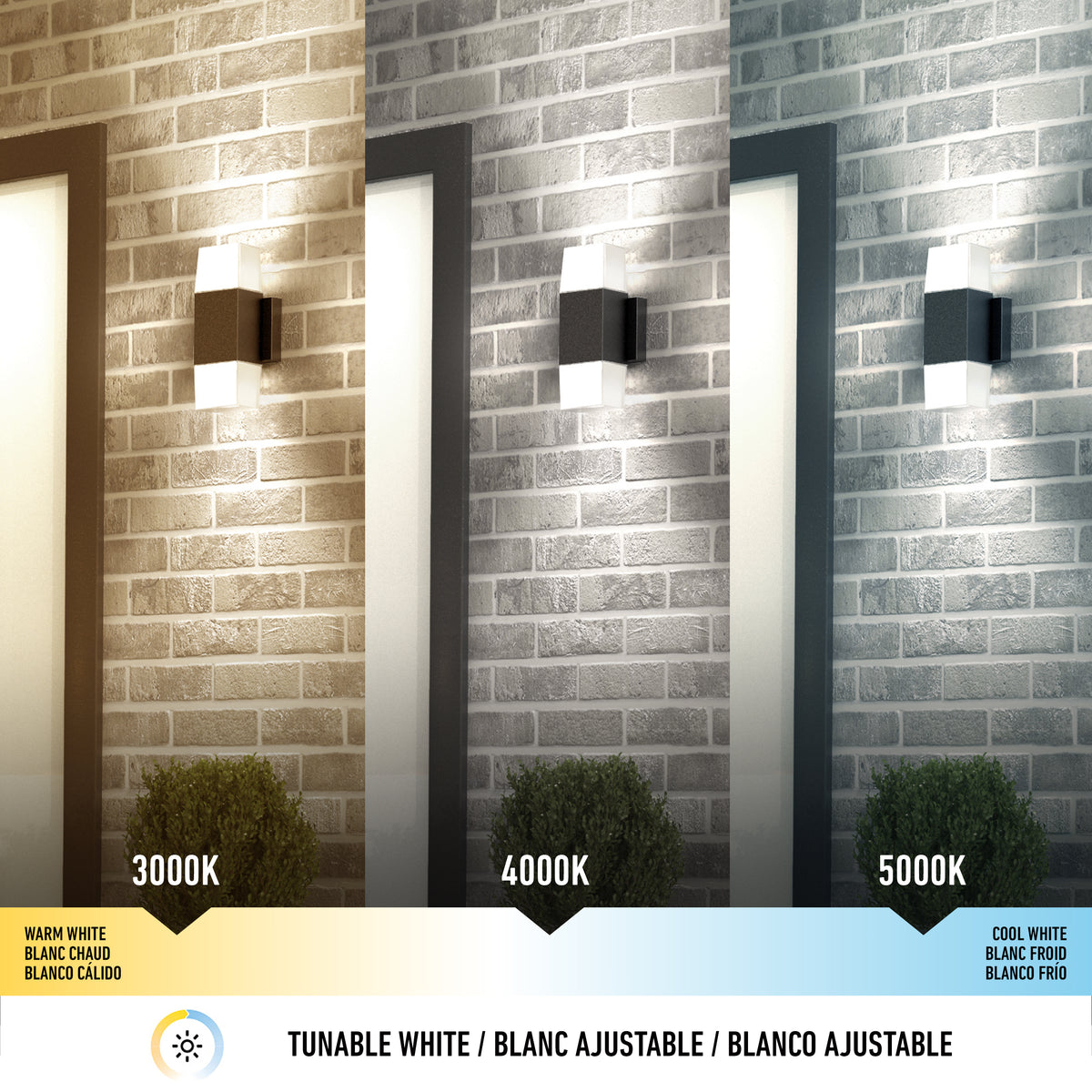 The Artika Lennox indoor-outdoor LED wall light 3 CCT is shown lighting a brick wall at 3000K (warm), 4000K (neutral), and 5000K (cool) with Tunable White displayed in English, French, and Spanish.