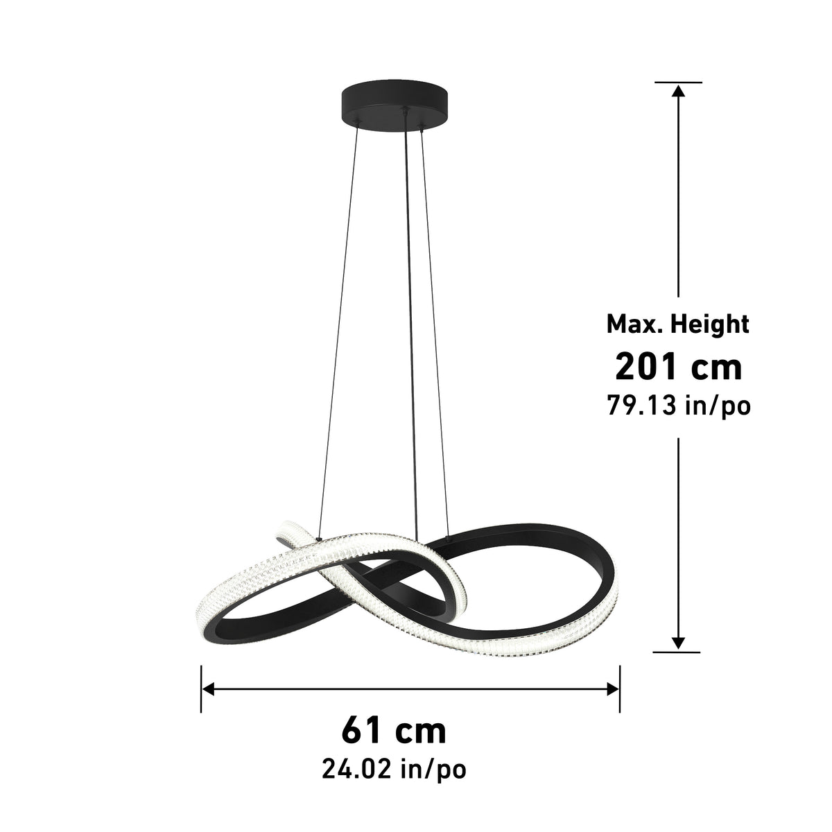 The Morgan LED contemporary pendant light by Artika features a modern black and white twisted loop design, adjustable up to 201 cm (79.13 in) high and 61 cm (24.02 in) wide, suspended by three wires; all measurements are labeled.