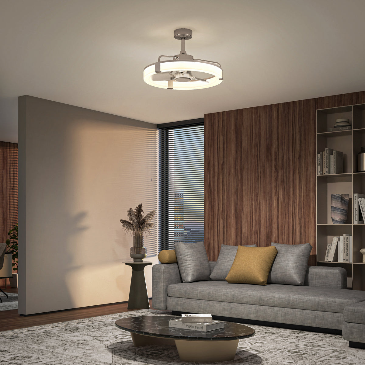 Modern living room with gray sofa, wood walls, bookshelves, round table, and Artika Sunnyvale 23" LED fandelier with remote.