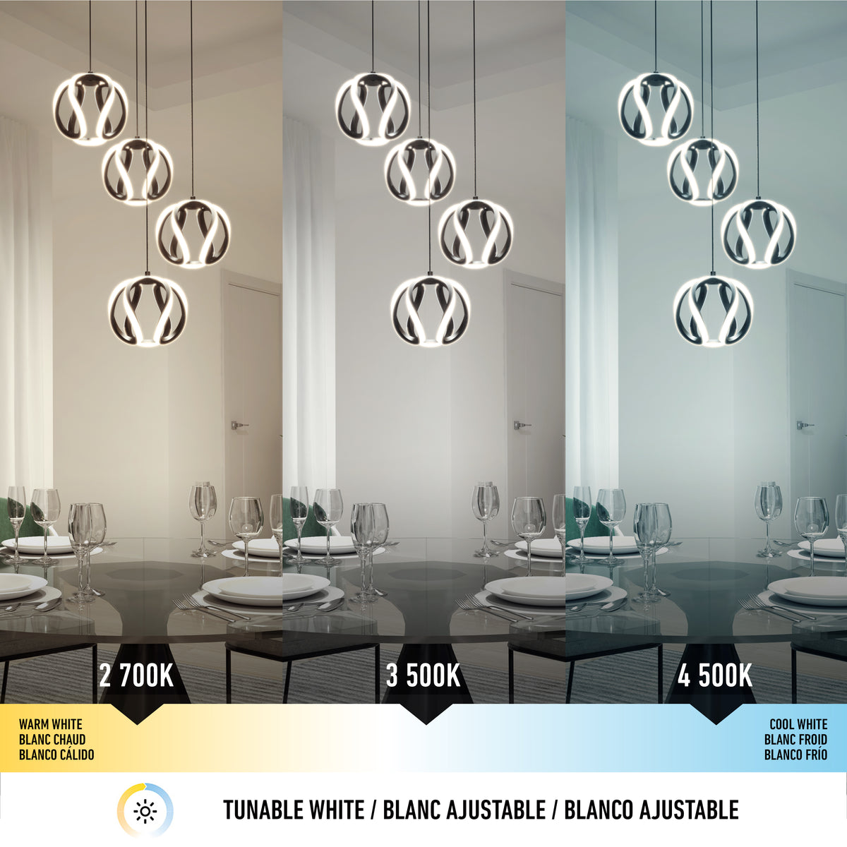 Three dining scenes feature Artika’s Vivaldi LED 4-light pendant lit at 2700K, 3500K, and 4500K color temperatures.