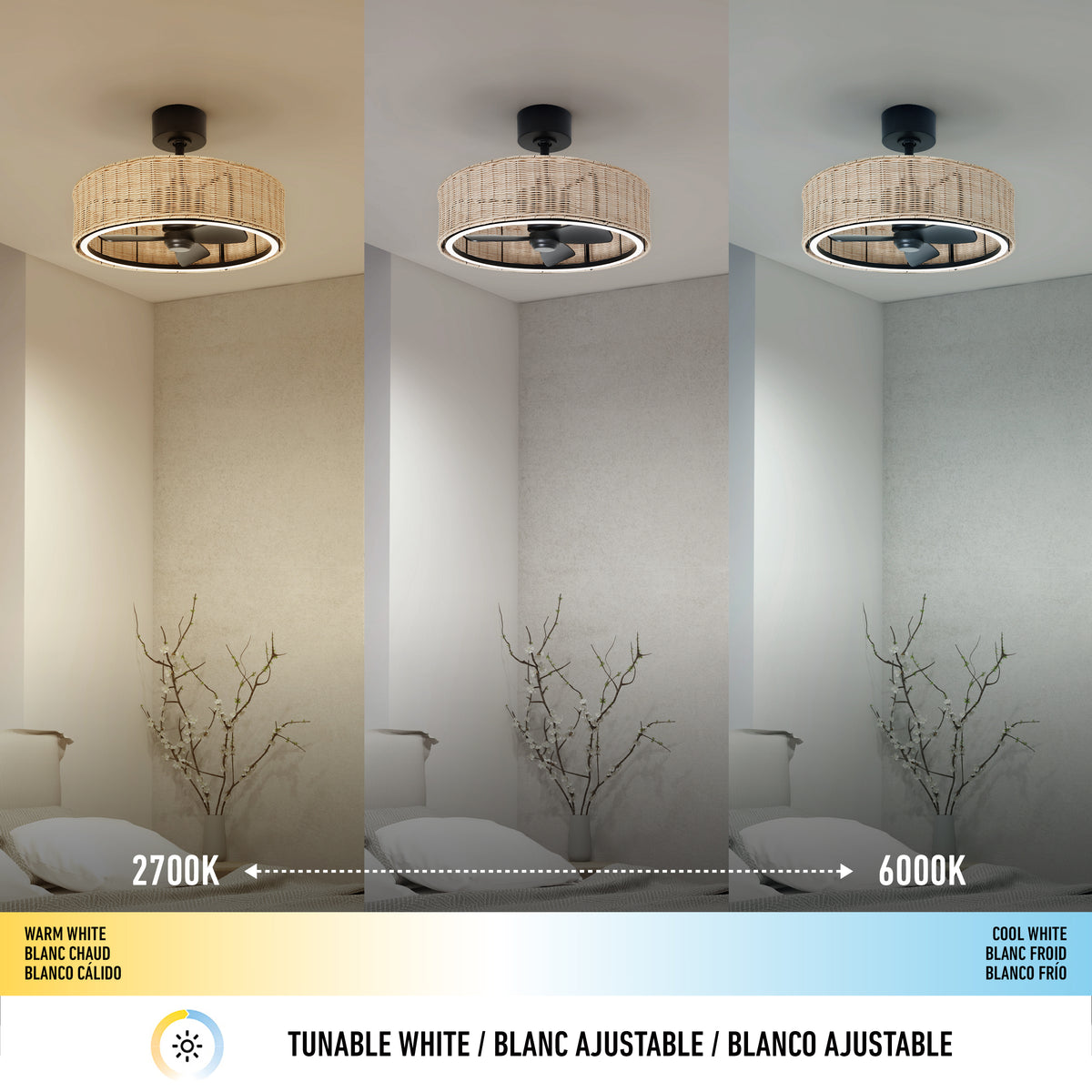 The Artika Kalani 24 in. LED modern ceiling fan with remote features adjustable lighting in warm white (2700K), neutral white, and cool white (6000K), shown above a minimalist room with a chair and bare branches.