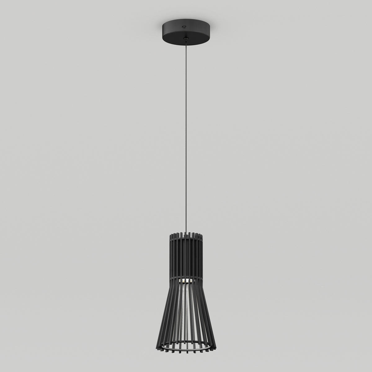The Artika Kiyo modern LED pendant 3 CCT features a sleek black cylindrical slatted shade suspended from a thin cord and circular ceiling mount, shown against a plain white backdrop.