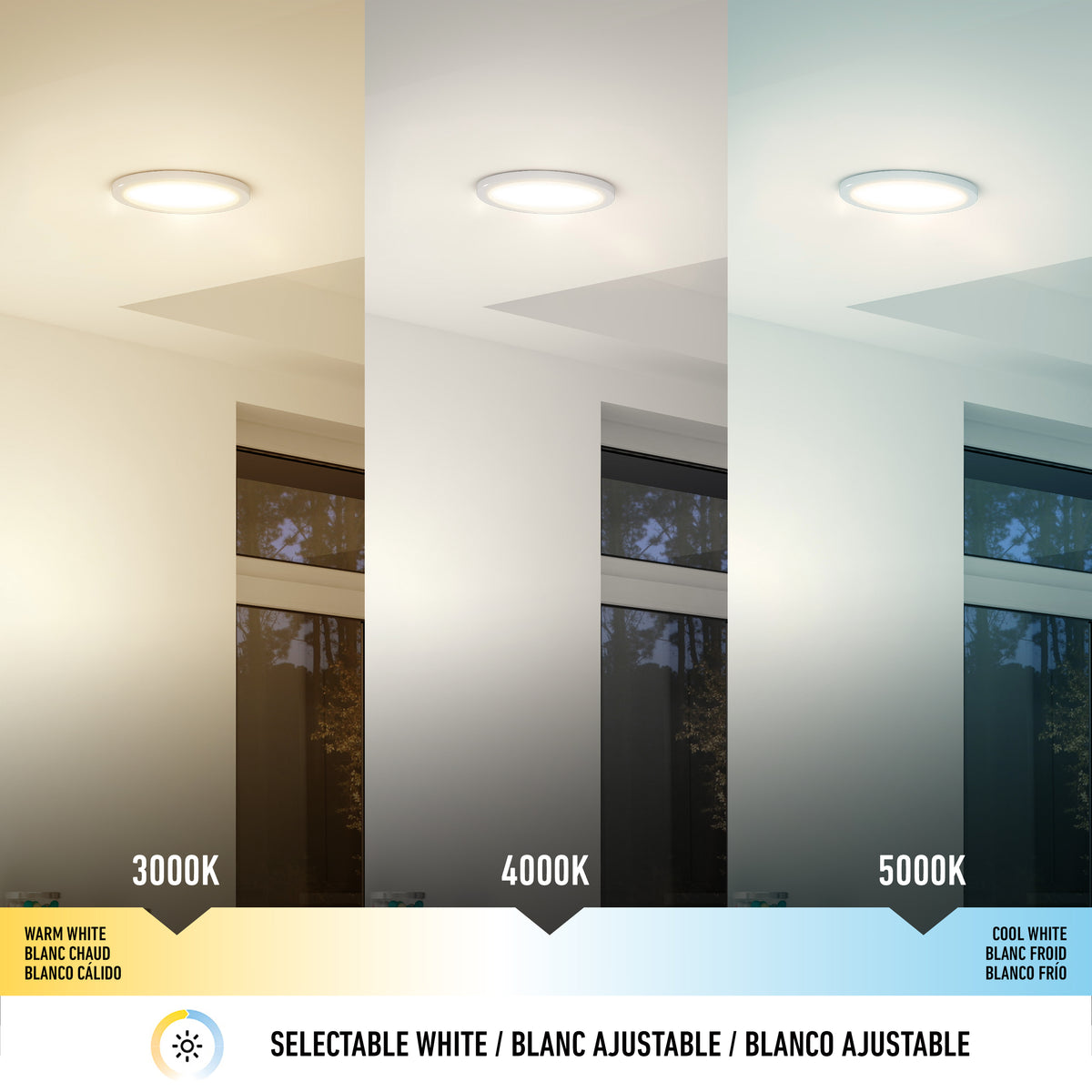Three panels display the Artika Europa Disk 9 in. LED modern flush mount light set to 3000K (warm), 4000K (neutral), and 5000K (cool) color temperatures, each showing distinct tones, with a window visible in the background.