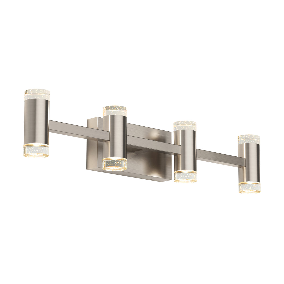 The Artika Mist modern LED bathroom vanity light 5 CCT features a brushed nickel finish with four cylindrical lights on a rectangular base and clear textured ends for diffused light—ideal for bathrooms.