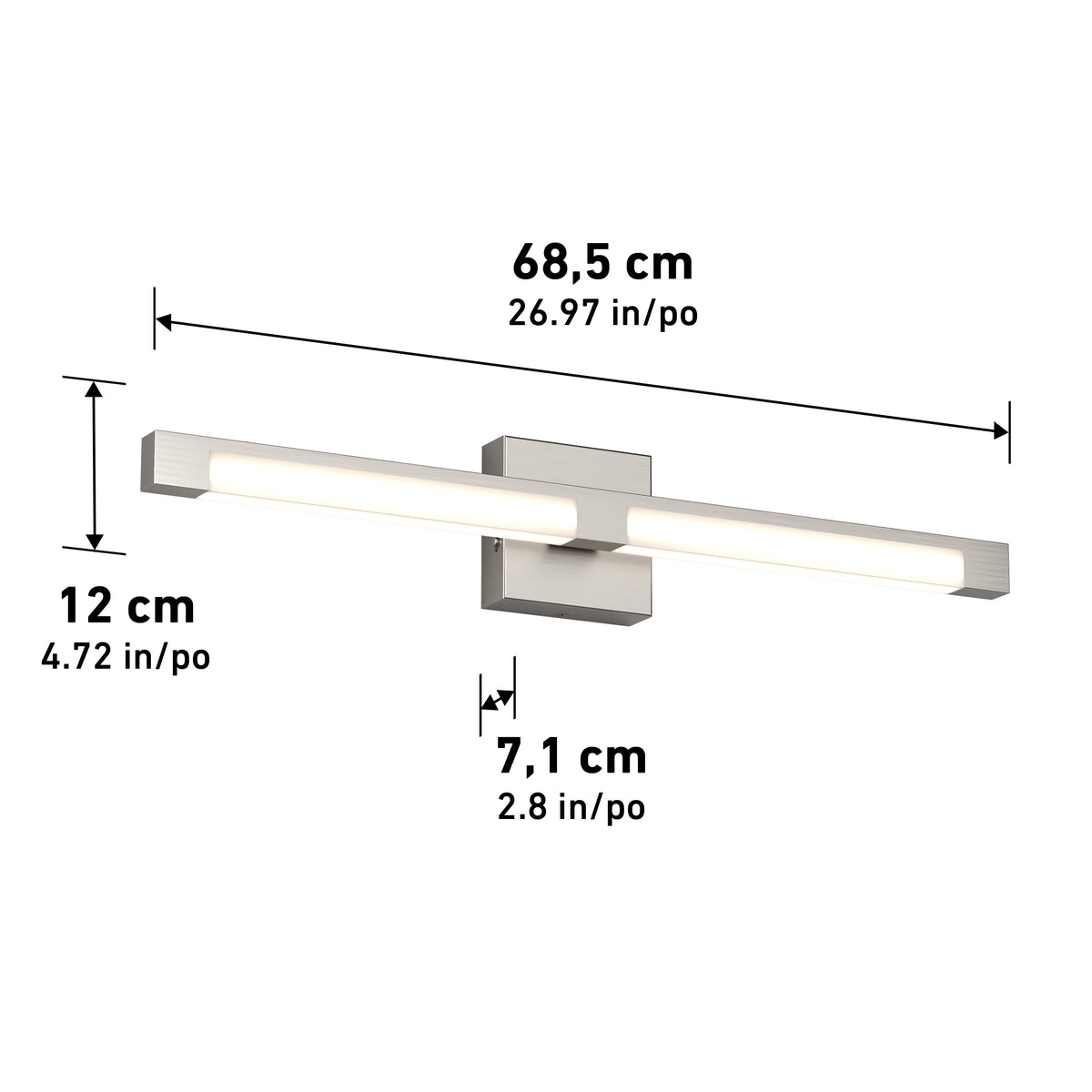 The Artika Tivoli modern LED bathroom vanity light 5 CCT is a wall-mounted sconce with a horizontal bar design, adjustable LED dimmer, and measures 68.5 cm × 12 cm × 7.1 cm against a white background.