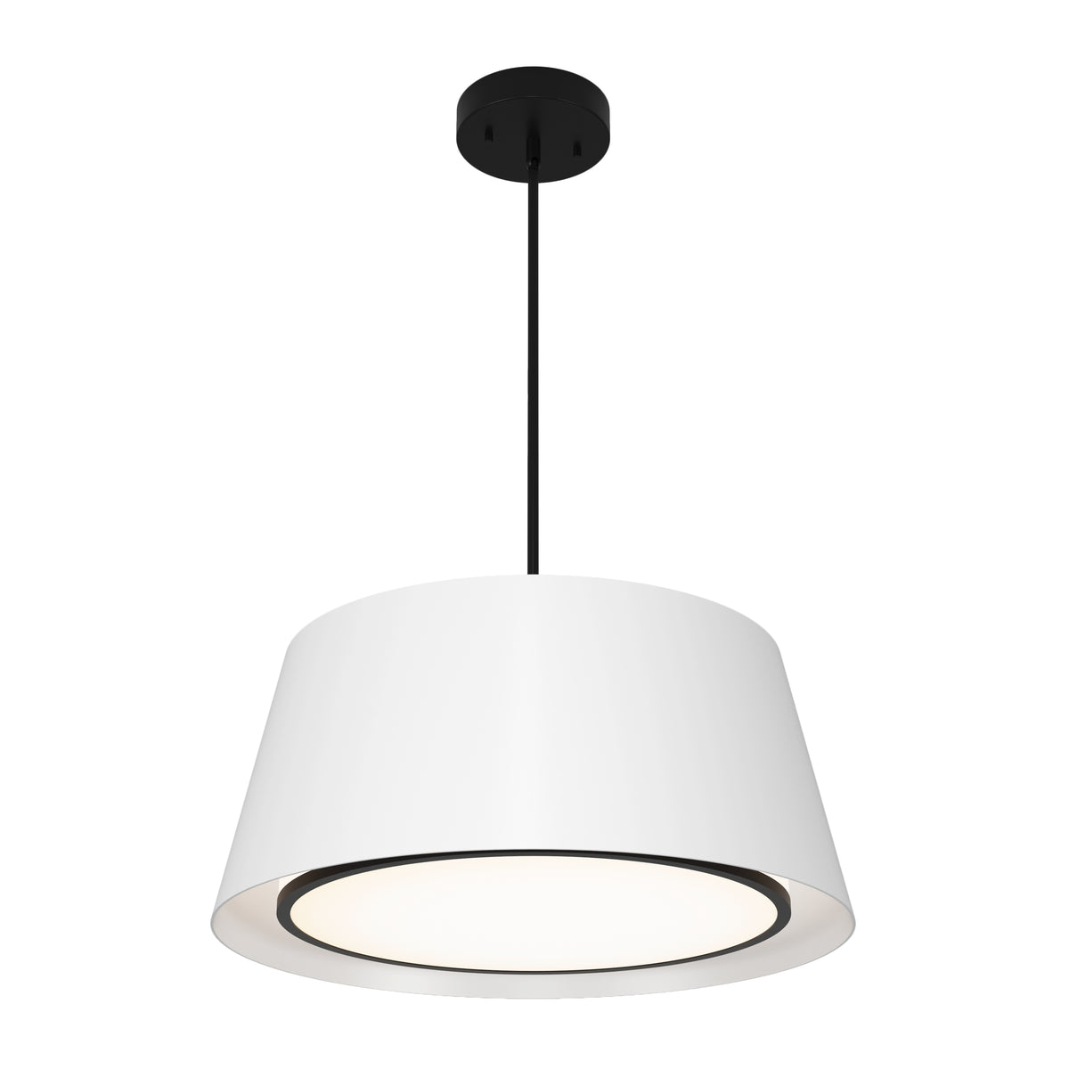 The Artika Cappa LED pendant light 3 CCT features a matte black fixture, a wide white tapered shade, and a slim black rod, casting a soft downward glow for modern spaces.