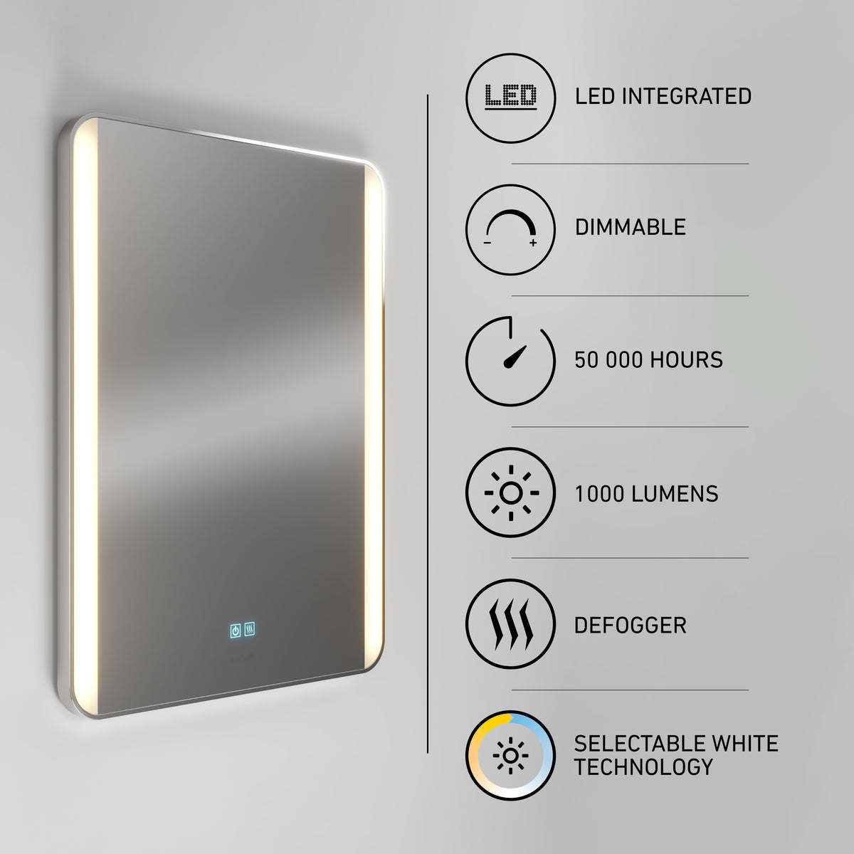 The Artika Onyx 24″x32″ mirror offers side LEDs, dimmable 3 CCT lighting, anti-fog tech, and 1000 lumens for bath spaces.