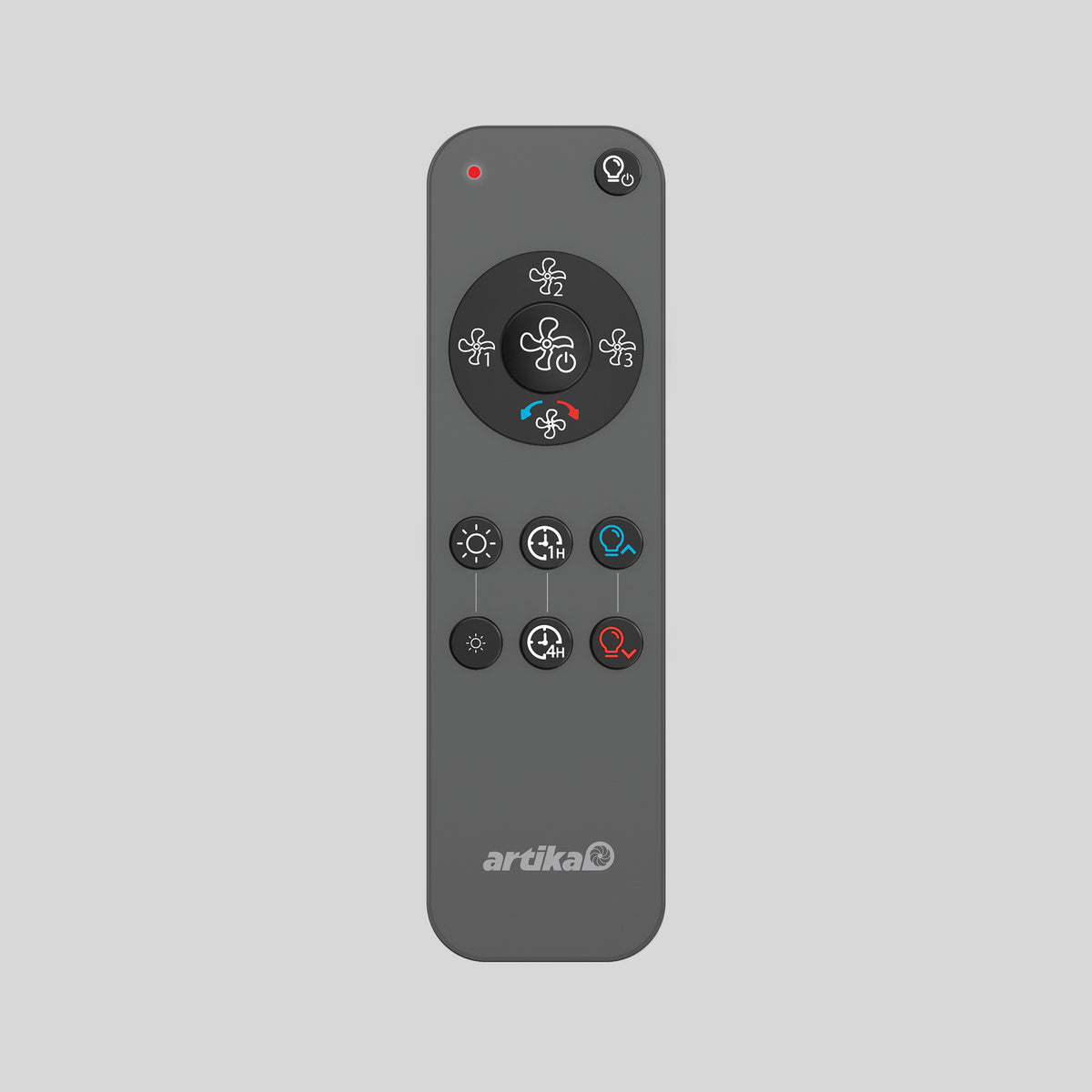 The Artika Replacement Remote Control for Sunnyvale Ceiling Fans is gray, featuring buttons for speed, timer, light, airflow modes, a red indicator light at the top, and central fan symbols—perfect as a replacement remote.