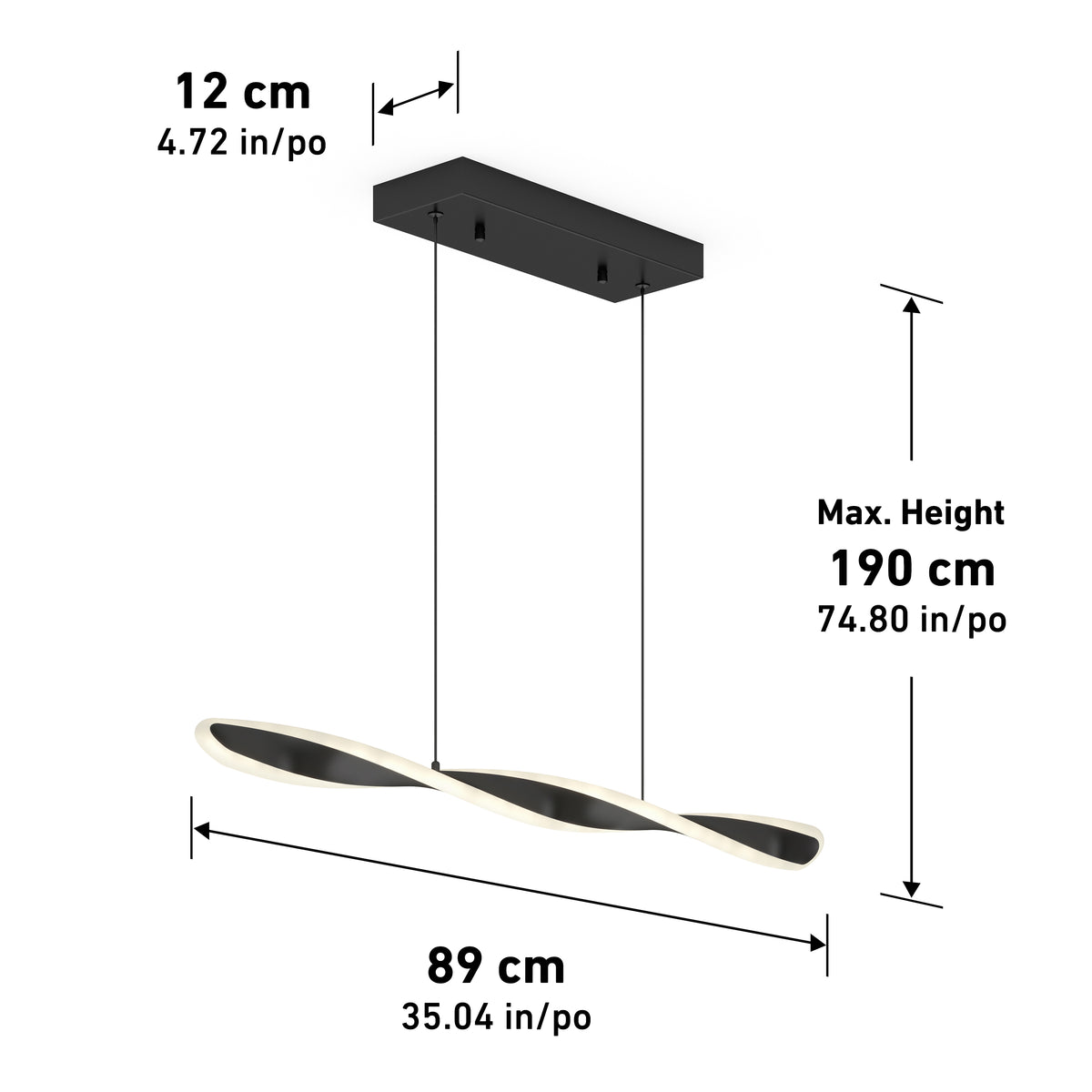 The Artika Finley Linear LED pendant light features a modern black and white twisted design, suspended by two cables from a rectangular ceiling mount. Dimensions: 12 cm (H) x 89 cm (W), max height 190 cm. Measurements in cm and inches.