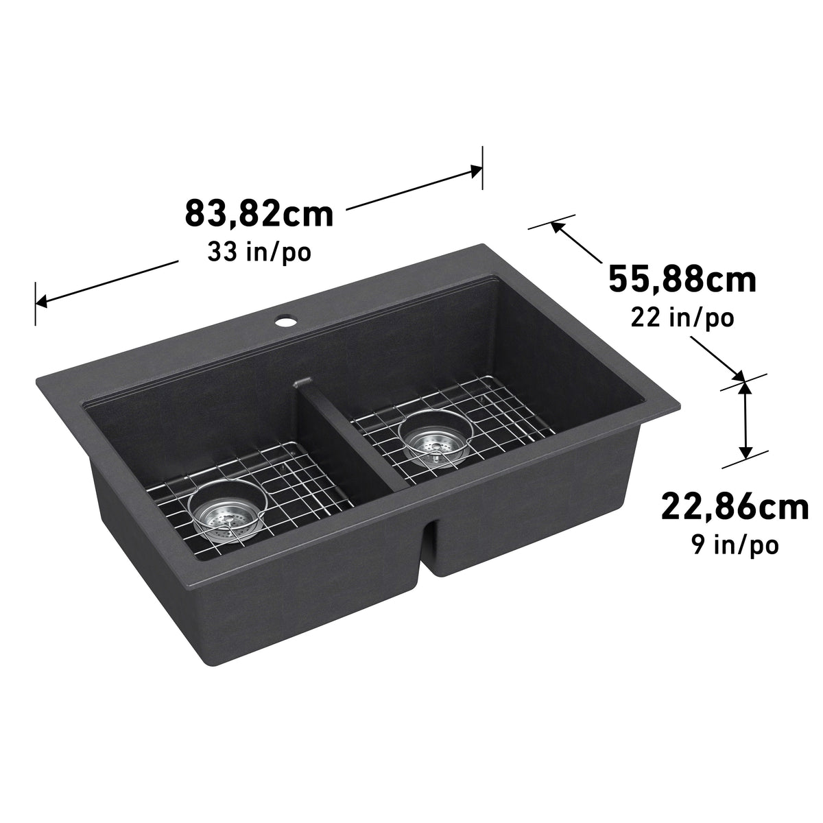 Artika Baycrest 33 in. (84 cm) Black Double Bowl Sink with grids, labeled 33 x 22 x 9 in. (83.82 x 55.88 x 22.86 cm).
