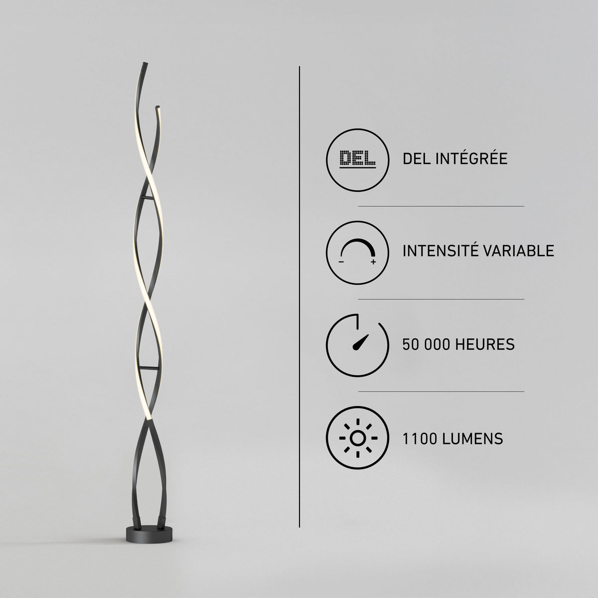 Artika Swirl modern LED floor lamp: twisted design, dimmable, 1100 lumens, 50,000-hour life for versatile lighting.