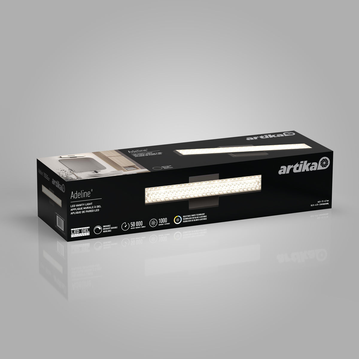 A black box of Artika Adeline modern LED bathroom vanity light 3 CCT with image and specs on a gray gradient background.