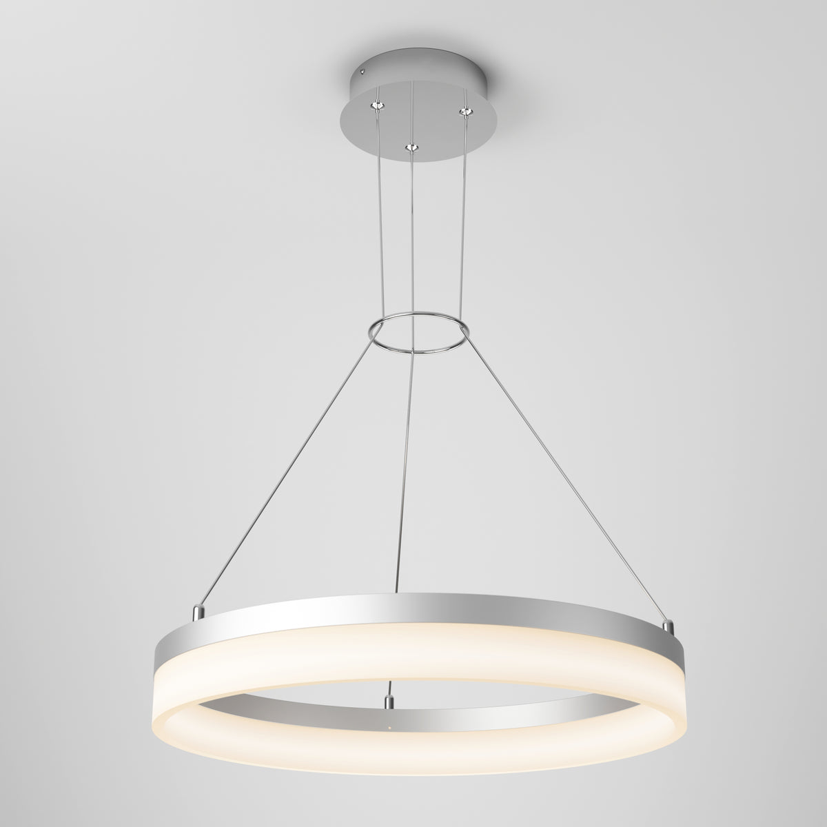 The Artika Optical LED pendant light 3 CCT features a modern metallic frame and glowing white ring, suspended by three slim cables against a plain white background.