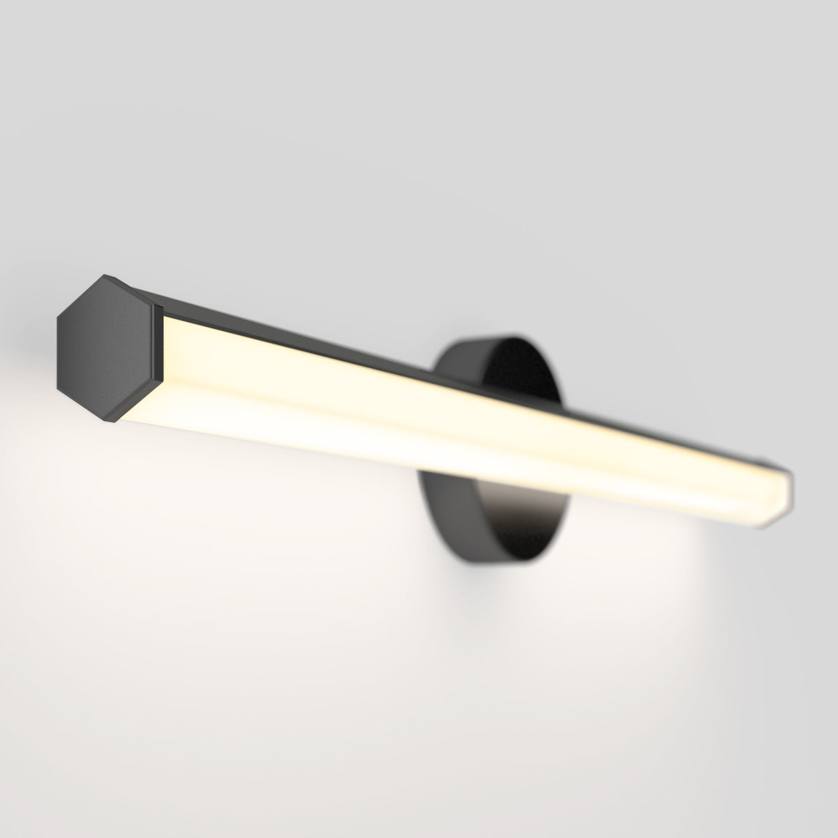 The Artika Ewen modern LED bathroom vanity light 5 CCT features a black frame and adjustable color balance for perfect mirror lighting.
