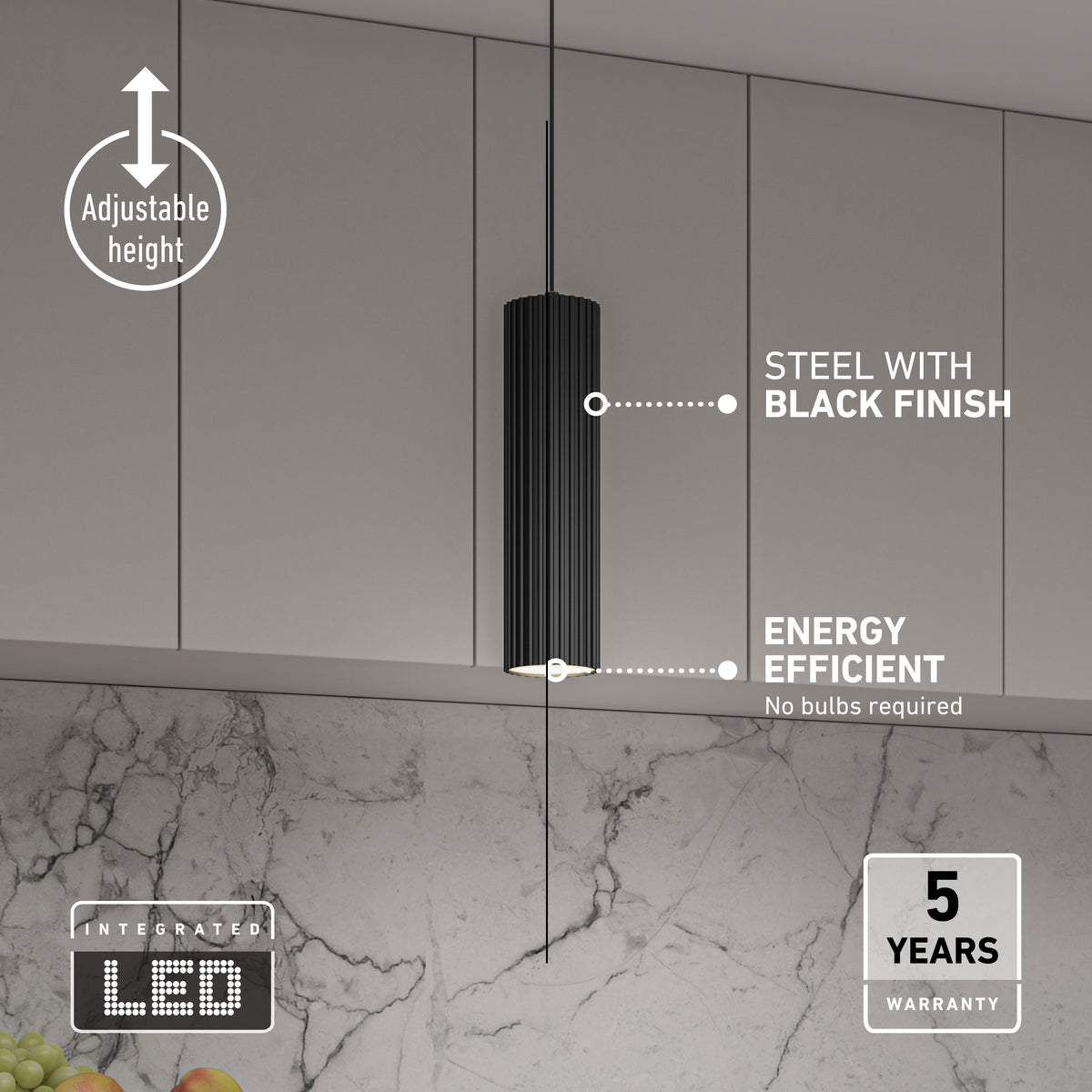 Artika Groove LED modern pendant light, 3 CCT, textured wood finish—perfect over kitchen islands; labeled features & warranty.