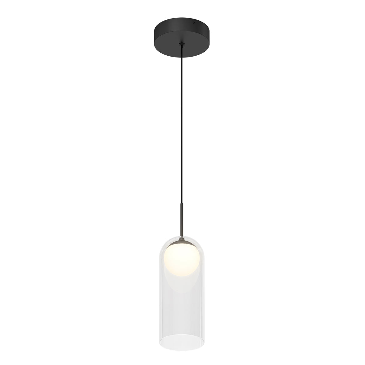The Artika Mirah LED modern mid-century pendant light 3 CCT features a black ceiling mount, black cord, and a clear cylindrical glass shade over a white bulb.