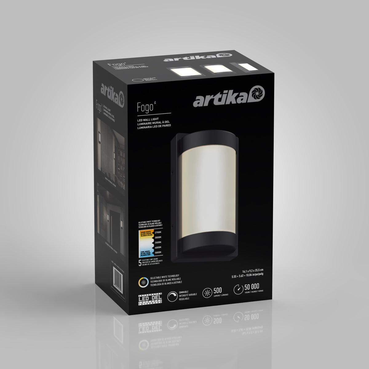 A black rectangular box for the Artika Fogo modern LED indoor-outdoor wall light 5 CCT, displaying an image of the fixture, specs, and icons showing 500 lumens, 50,000-hour lifespan, and a 5-year warranty.