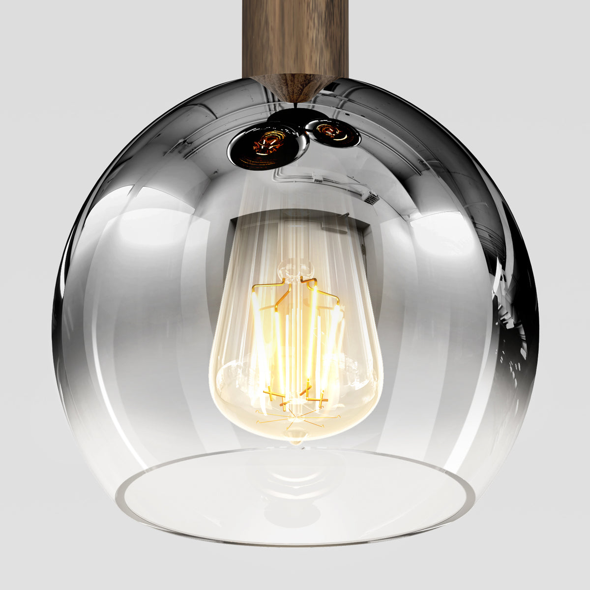 A close-up of the Artika Ardel Spiral 3-Light Pendant without bulbs, featuring a clear glass shade and wooden fixture, shown against a plain light background.