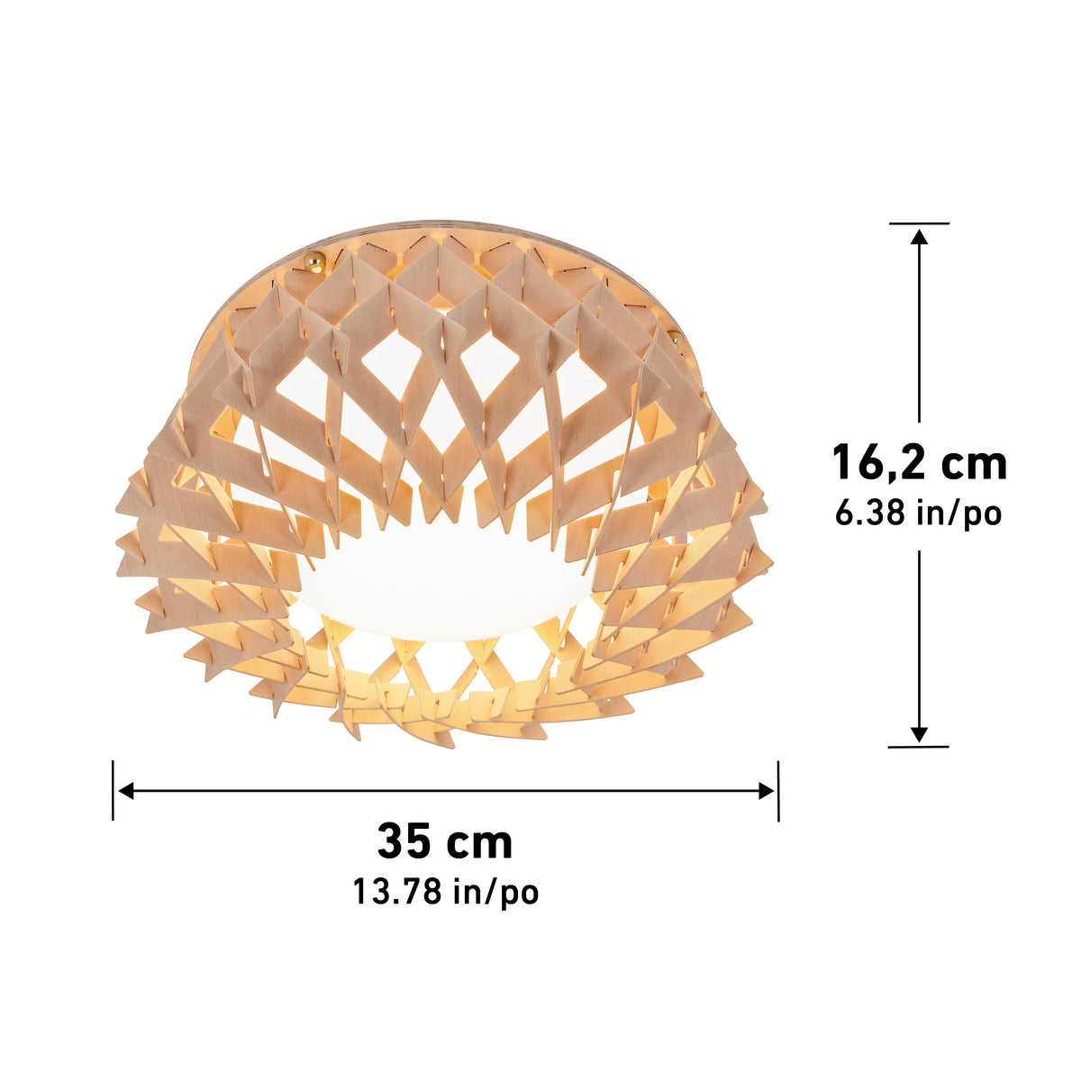 The Artika Kiran 13 in. modern LED flush mount light features a round, woven beige design with a lattice pattern, emitting warm light. It measures 35 cm wide and 16.2 cm high, with arrows marking width and height.