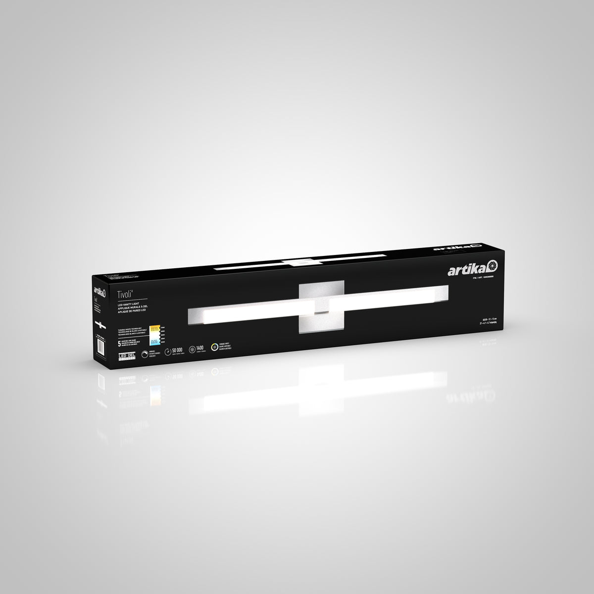 A rectangular black Artika box holds the Tivoli modern LED bathroom vanity light (5 CCT). The gray-gradient packaging displays the fixture image, product details, and an energy rating label.