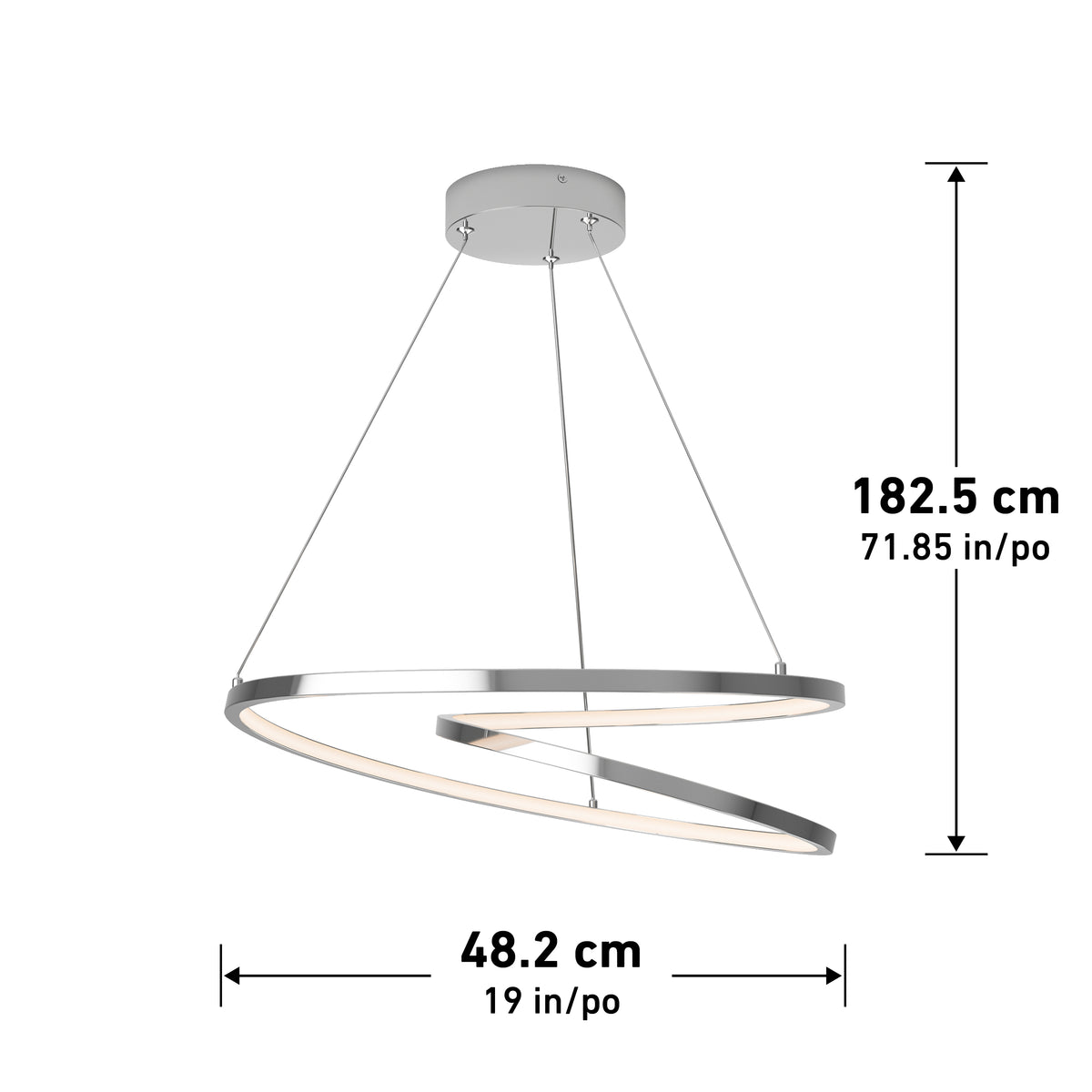 The Artika Salto LED pendant light features a modern spiral design with a chrome finish, suspended by three wires. Ideal for contemporary interiors, it measures 182.5 cm high and 48.2 cm wide.